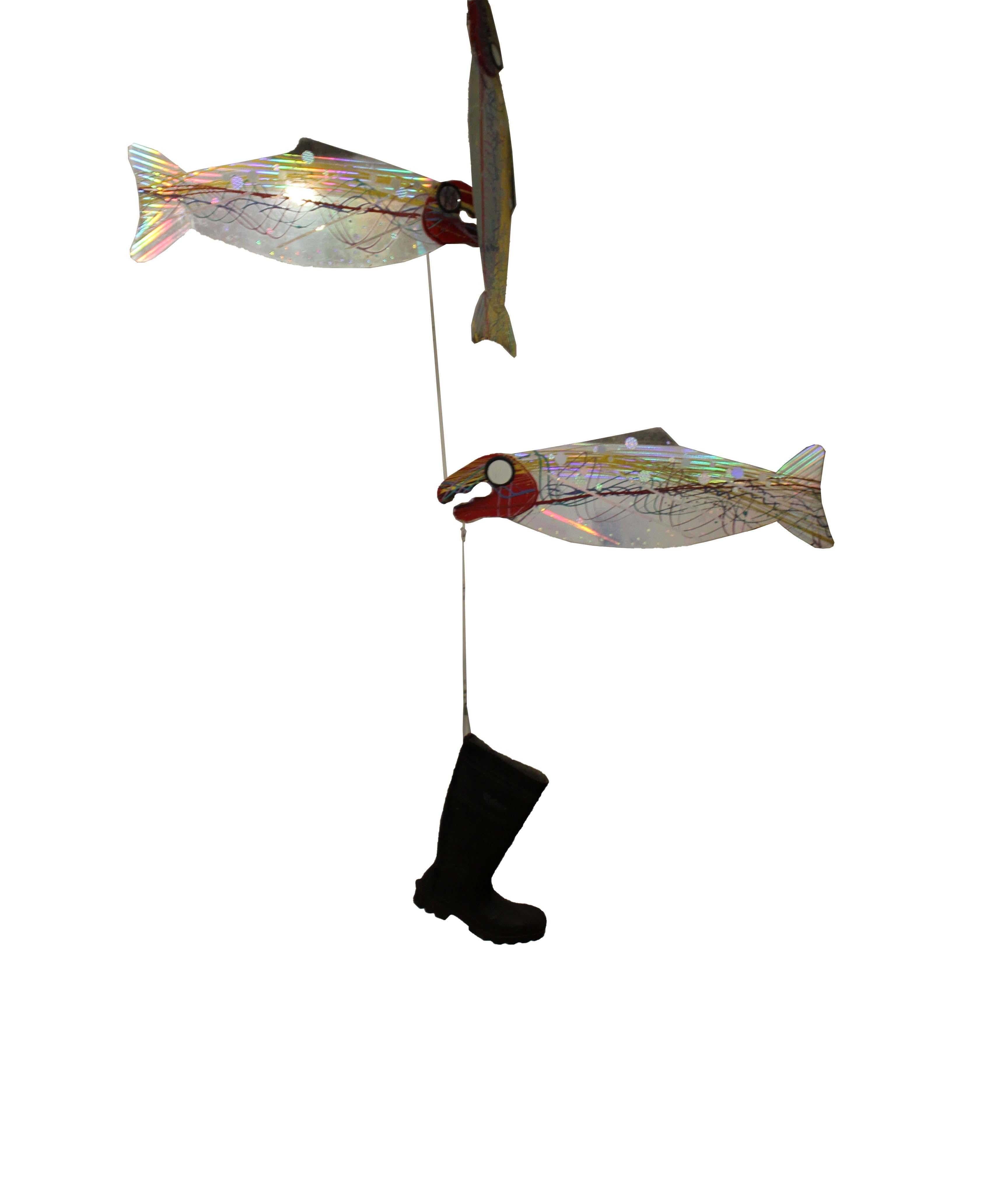 Late 20th Century Buster Simpson Salmon-Ta-Boot Hanging Windvane Folk Art Sculpture 1986