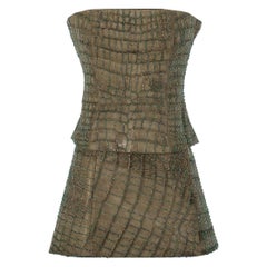 Bustier and mini skirt in kaki suede crocodile effect and beaded work 