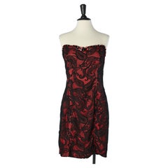 Bustier cocktail dress in black lace and red lycra with beads Romeo Gigli NEW 