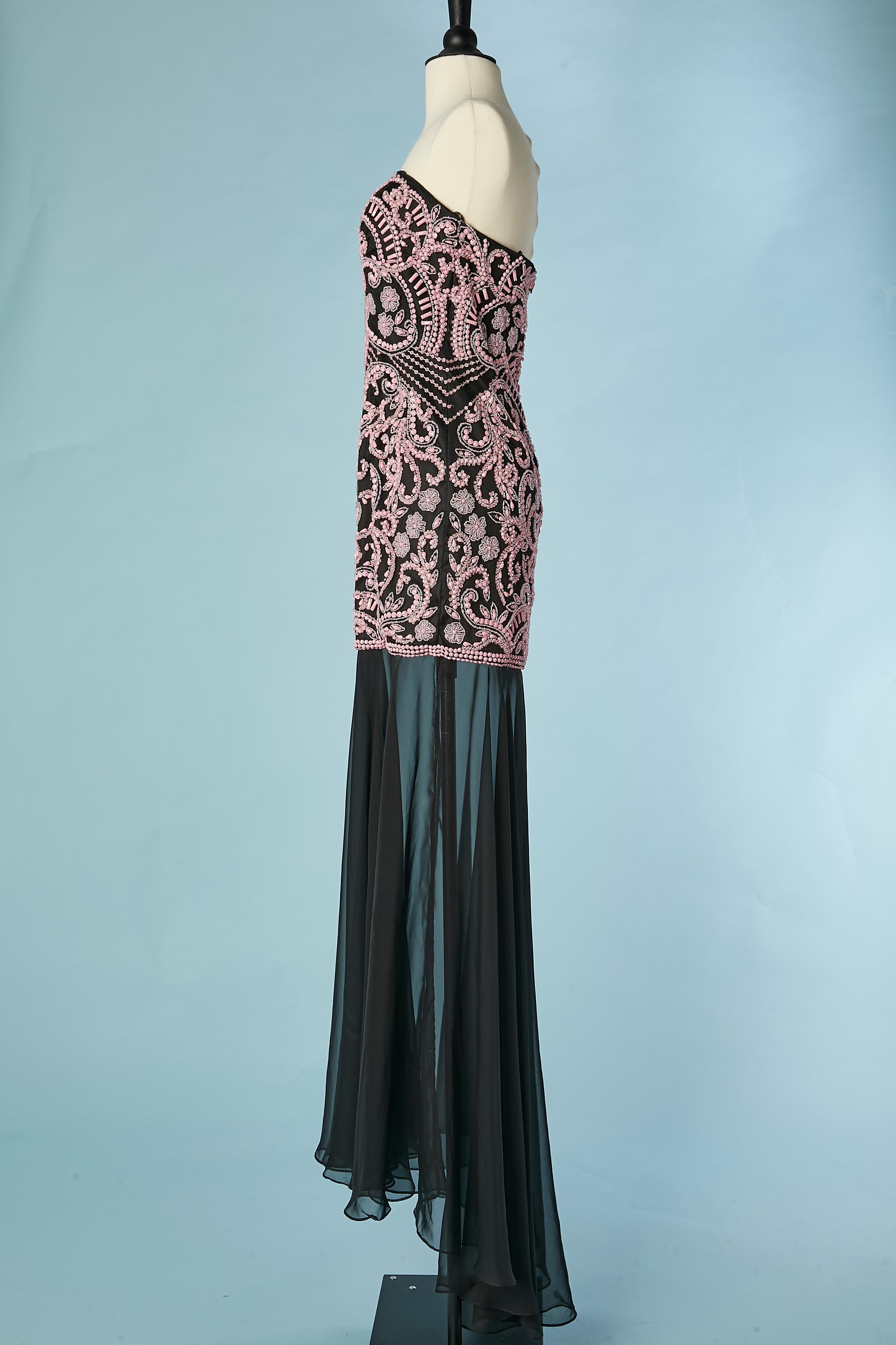 Bustier dress with pink embroideries and black chiffon Paola Blu Couture  For Sale 2