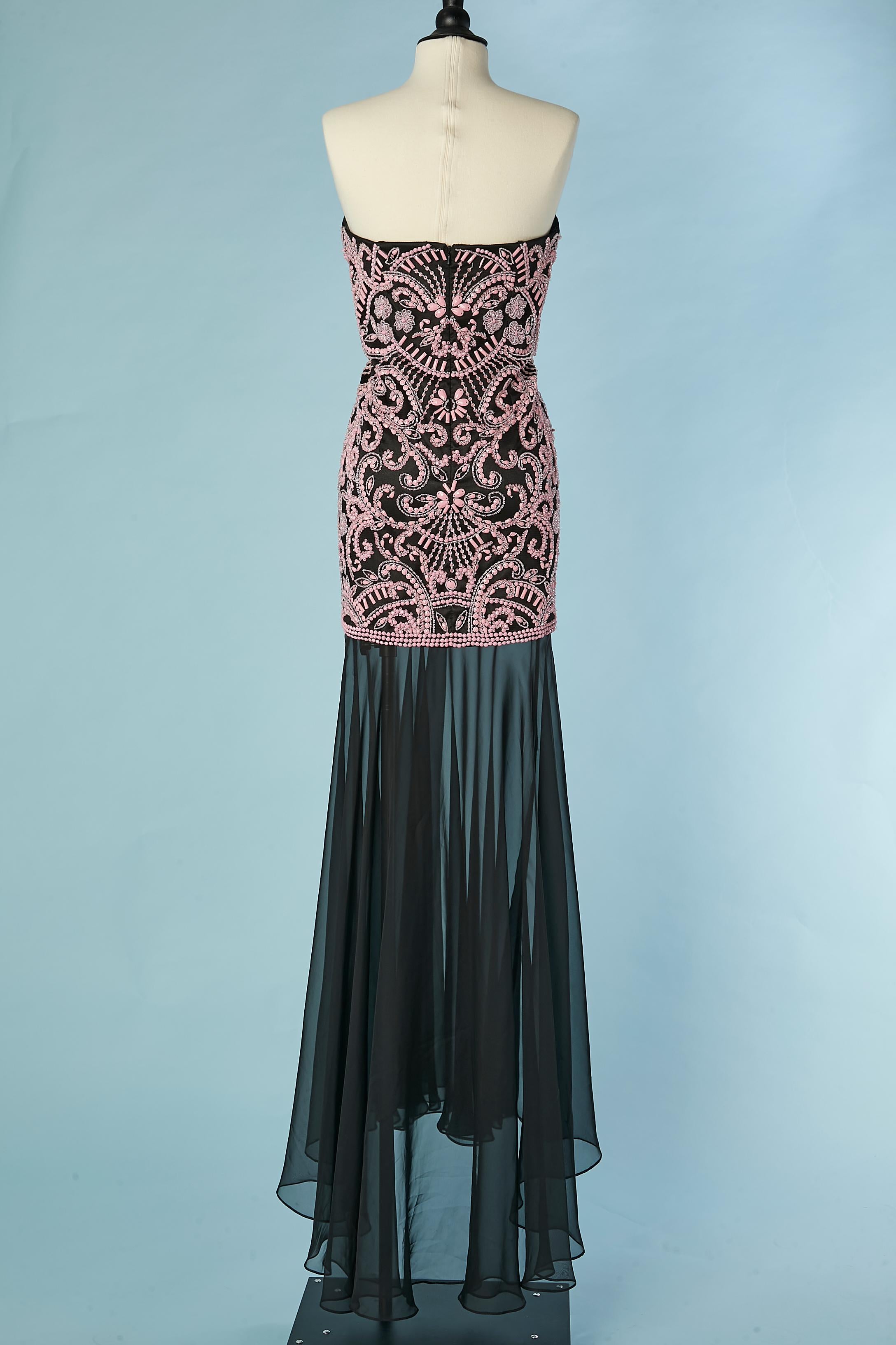 Bustier dress with pink embroideries and black chiffon Paola Blu Couture  For Sale 3
