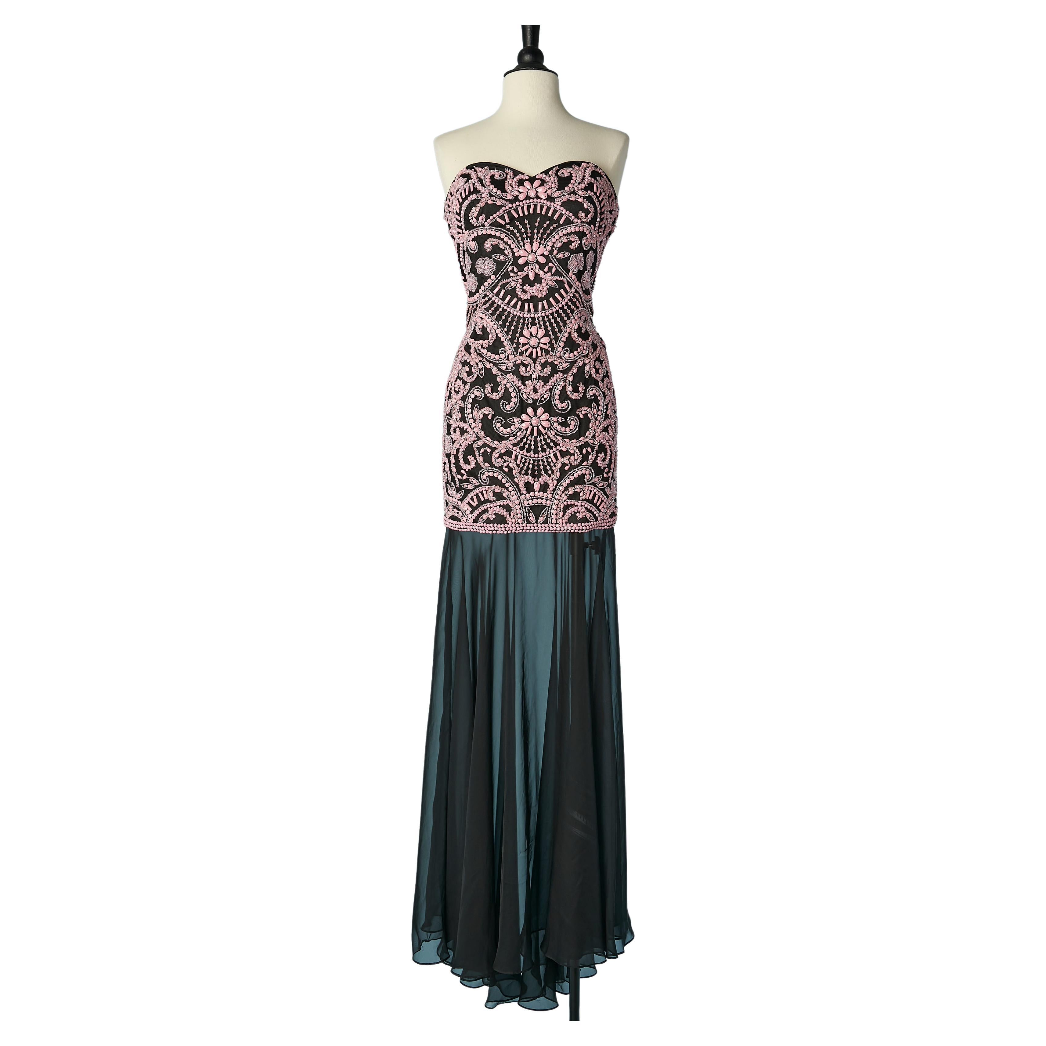 Bustier dress with pink embroideries and black chiffon Paola Blu Couture  For Sale