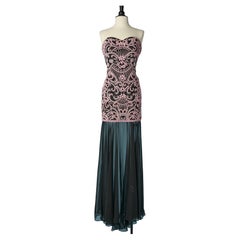 Bustier dress with pink embroideries and black chiffon Paola Blu Couture 