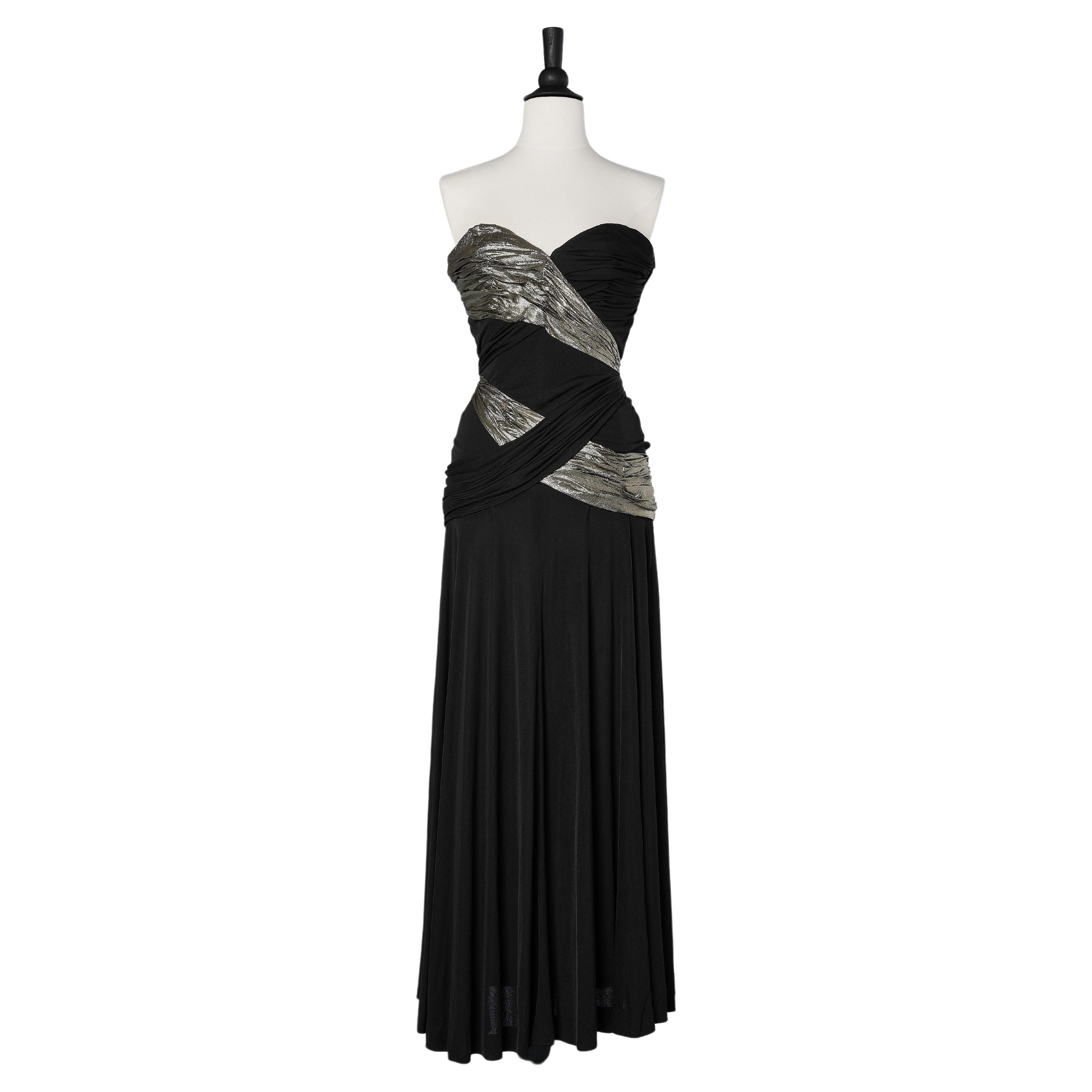 Bustier evening dress in black  jersey and chiffon lamé draped Loris Azzaro  For Sale