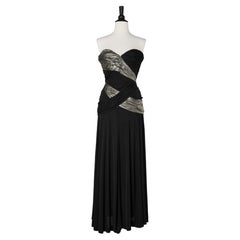 Robe de soirée bustier noire  jersey et mousseline lamé drapé Loris Azzaro