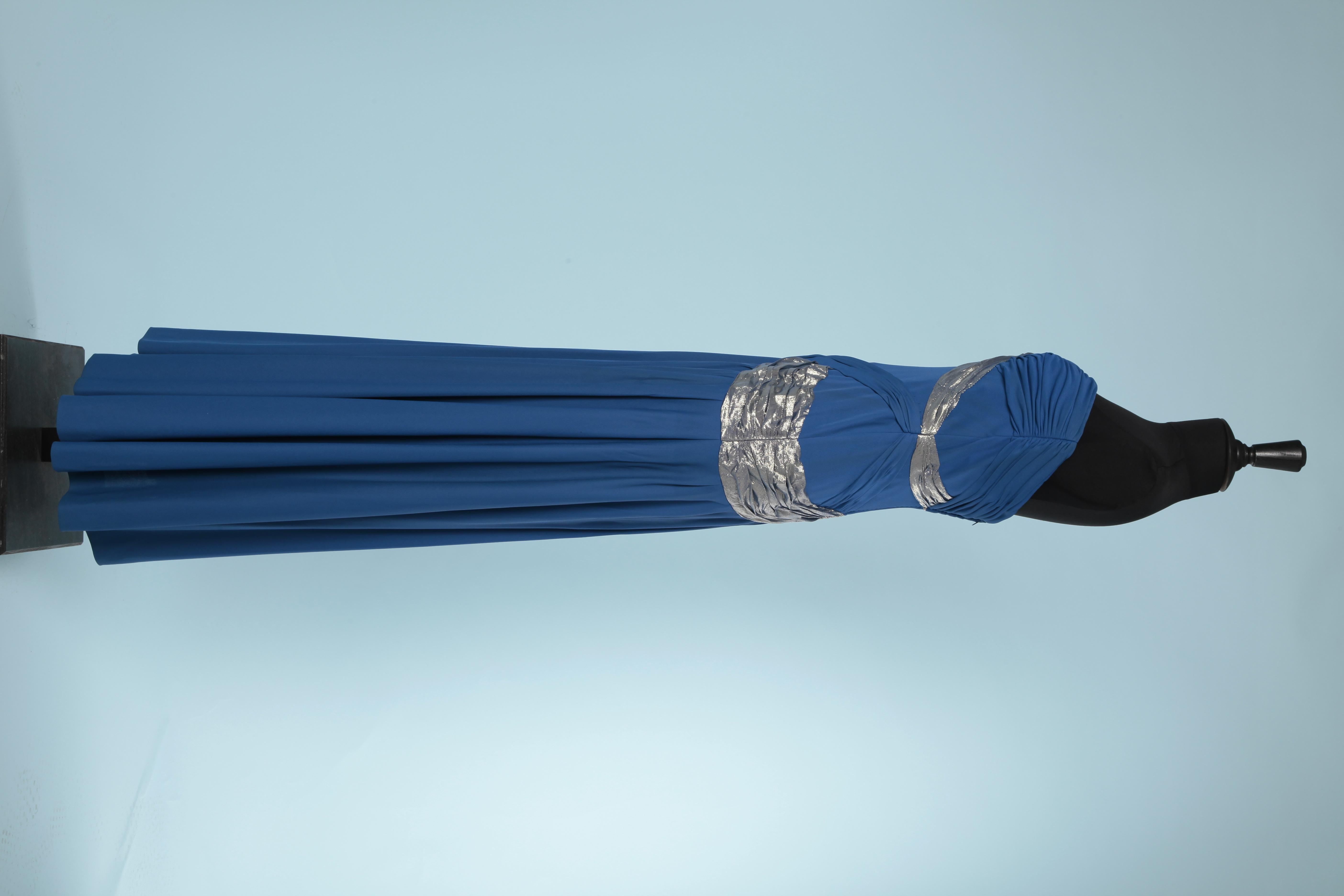 Robe du soir bustier en jersey bleu et mousseline de soie lamé drapé Loris Azzaro  Excellent état - En vente à Saint-Ouen-Sur-Seine, FR