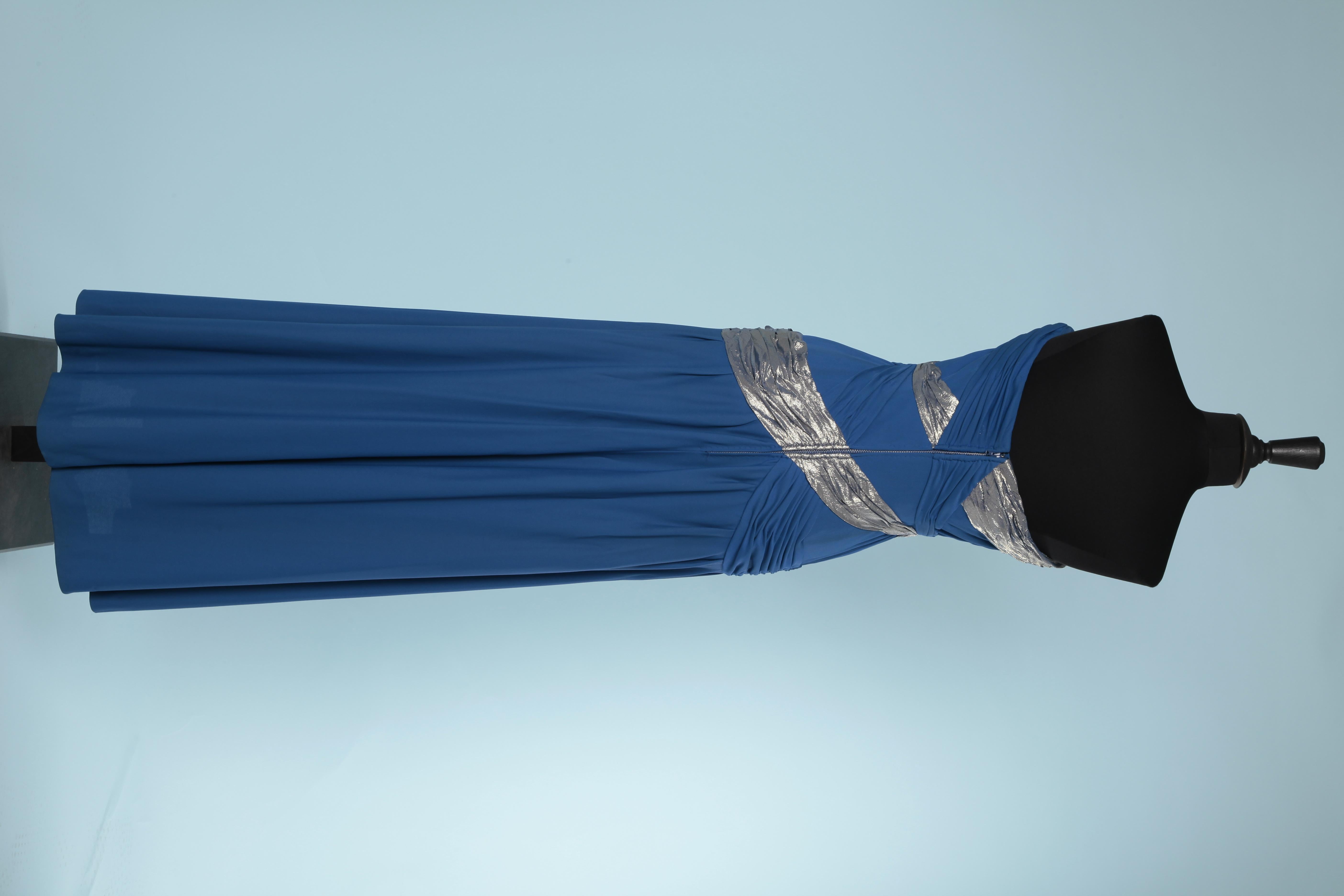 Women's Bustier evening dress in blue jersey and chiffon lamé draped Loris Azzaro  For Sale