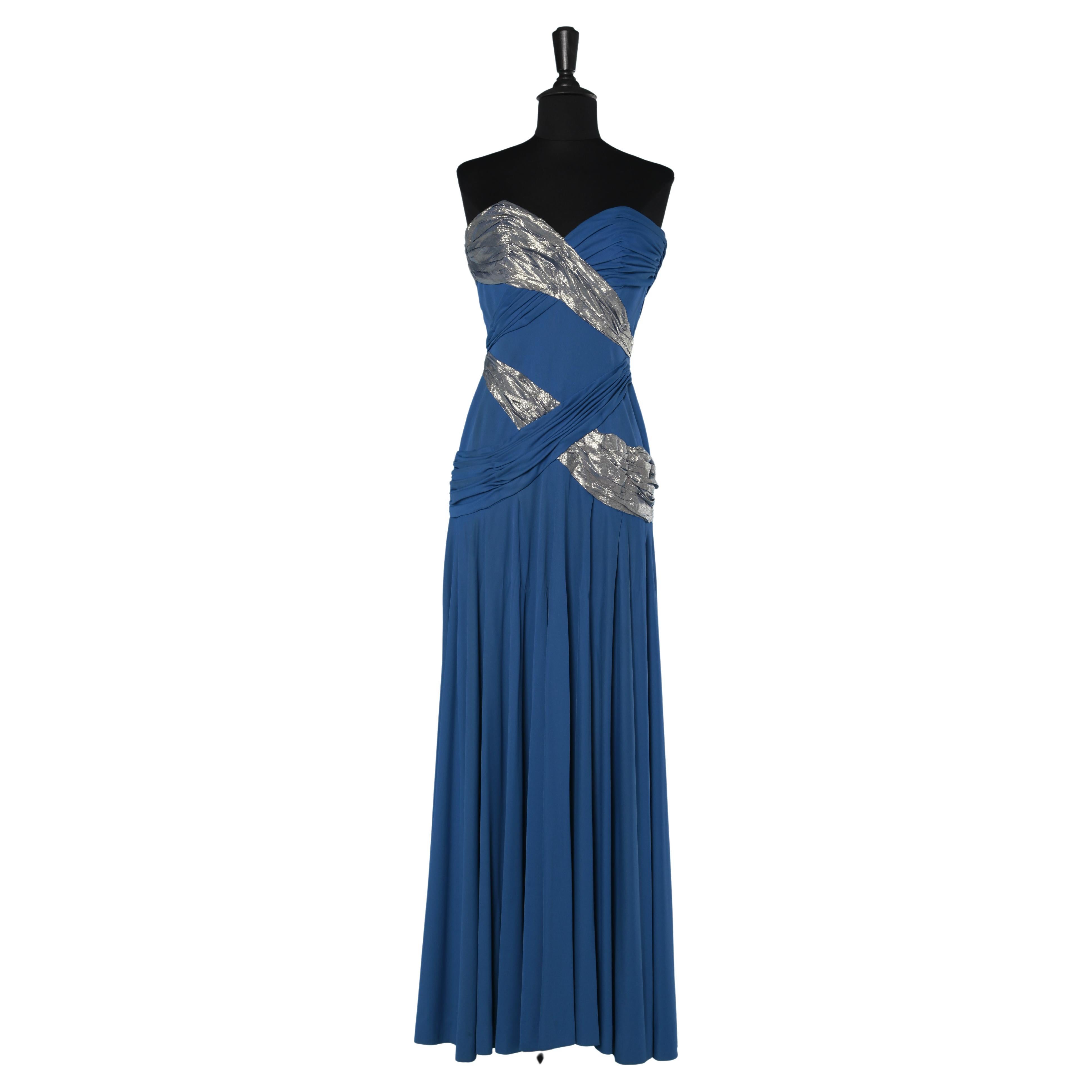 Bustier evening dress in blue jersey and chiffon lamé draped Loris Azzaro  For Sale