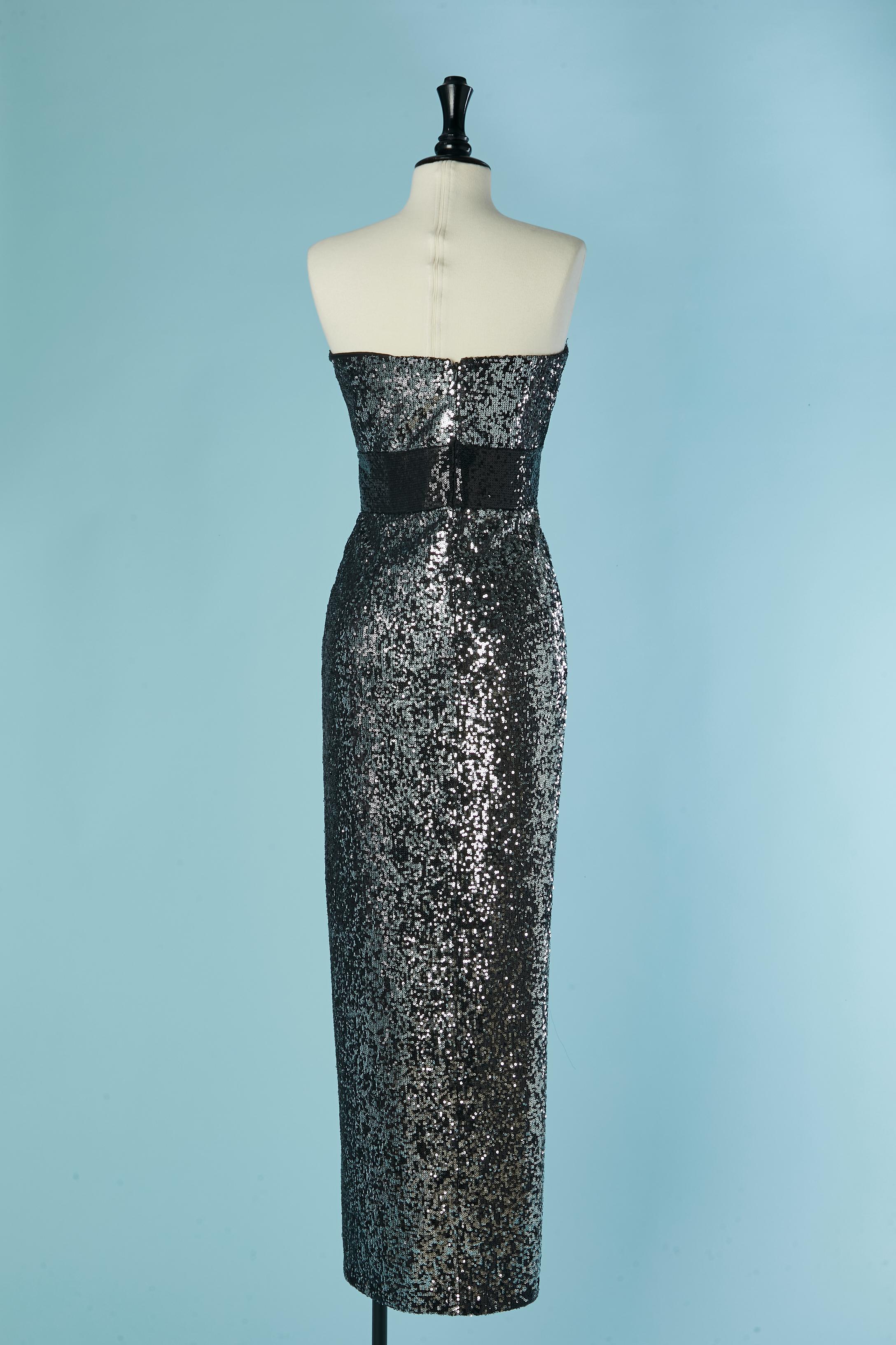 Abito da sera bustier in paillettes argento e nero Vicky Tiel in vendita 2