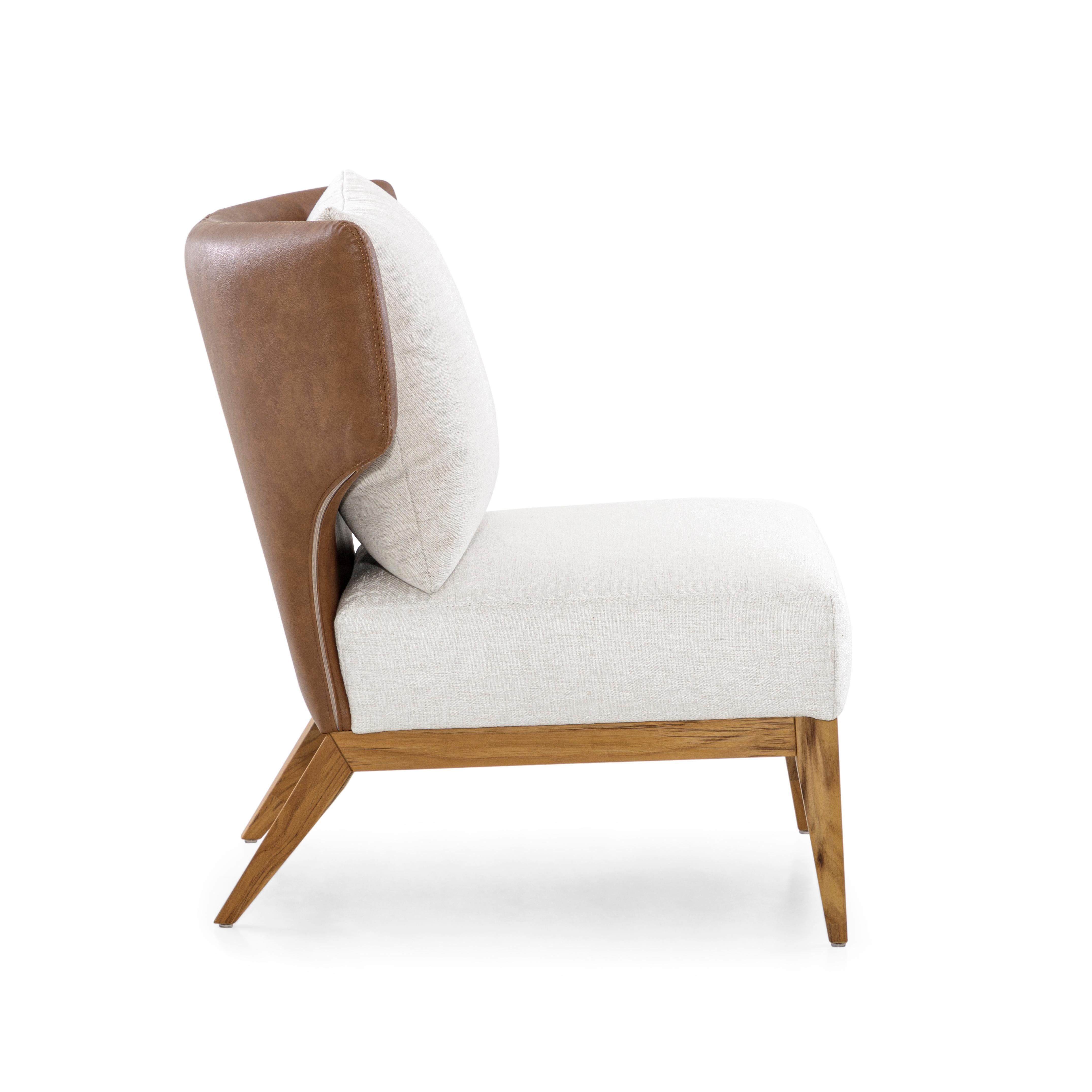 Experience the Busto Curved Back Armchair—an exquisite blend of brown faux leather on the exterior and interior back, complemented by a luxurious off-white fabric seat and back pillow. Supported by teak-finished wood legs, this chair embodies