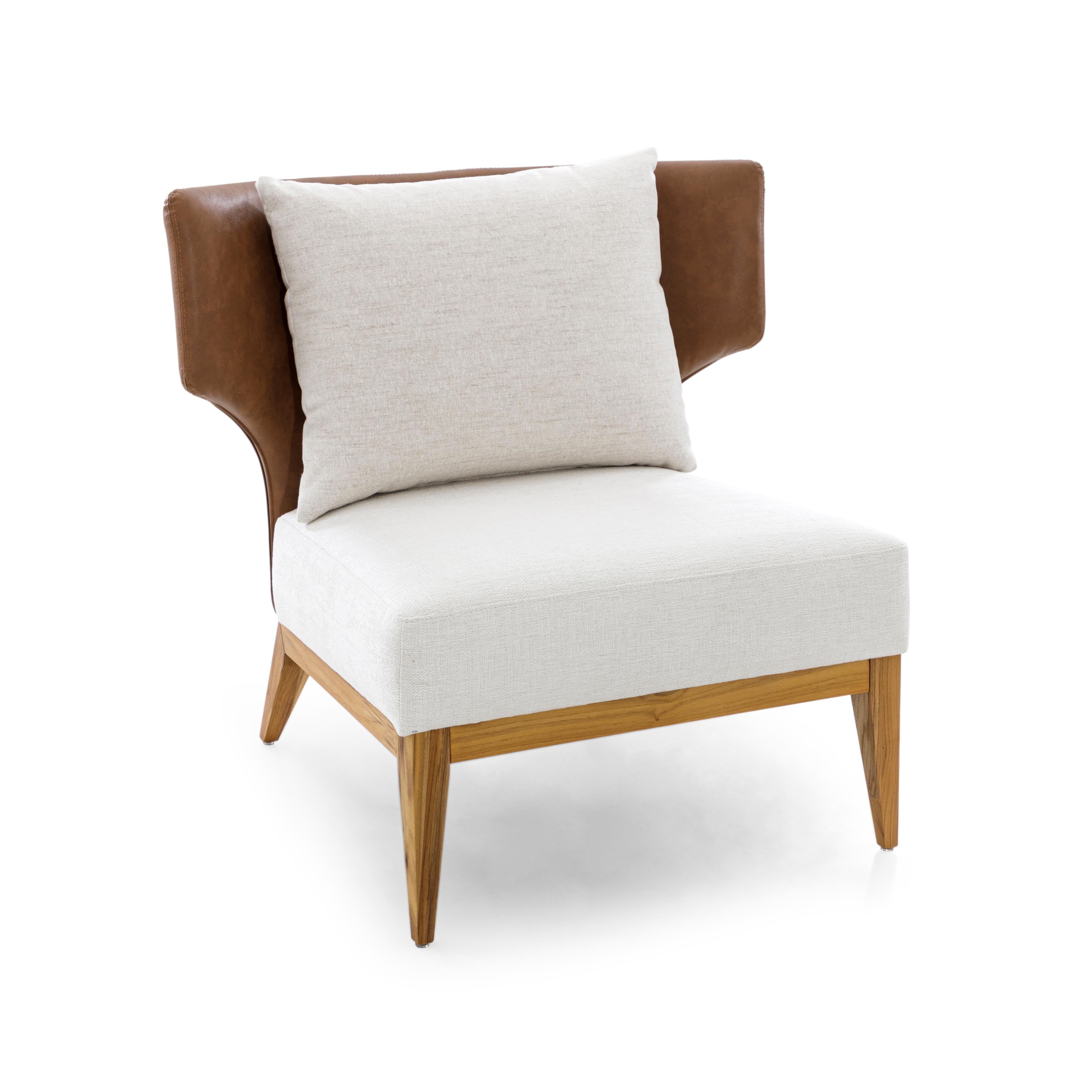 Modern Busto Curved Faux Fabric Seat and back Armchair in Teak Wood Finish
