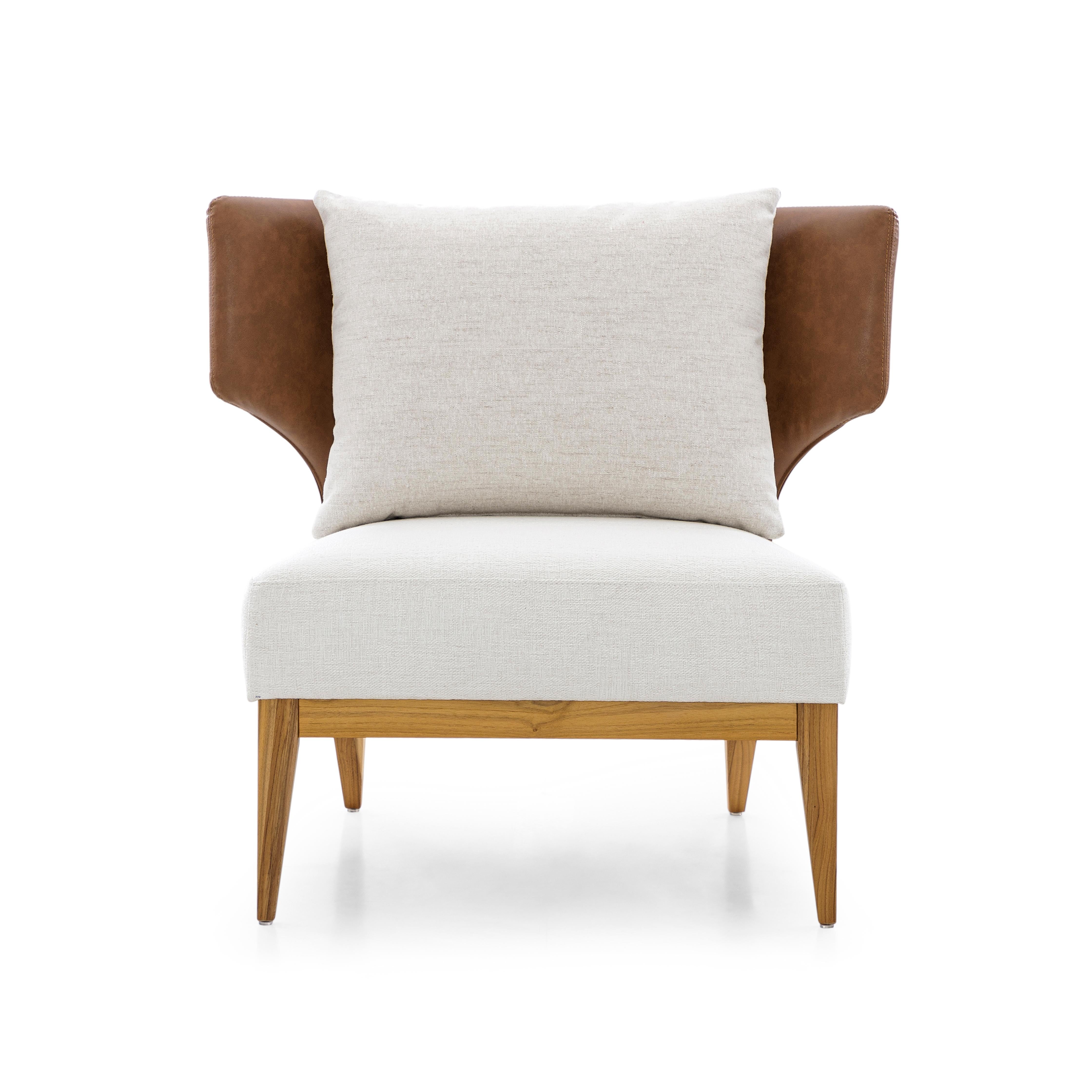 Brazilian Busto Curved Faux Fabric Seat and back Armchair in Teak Wood Finish