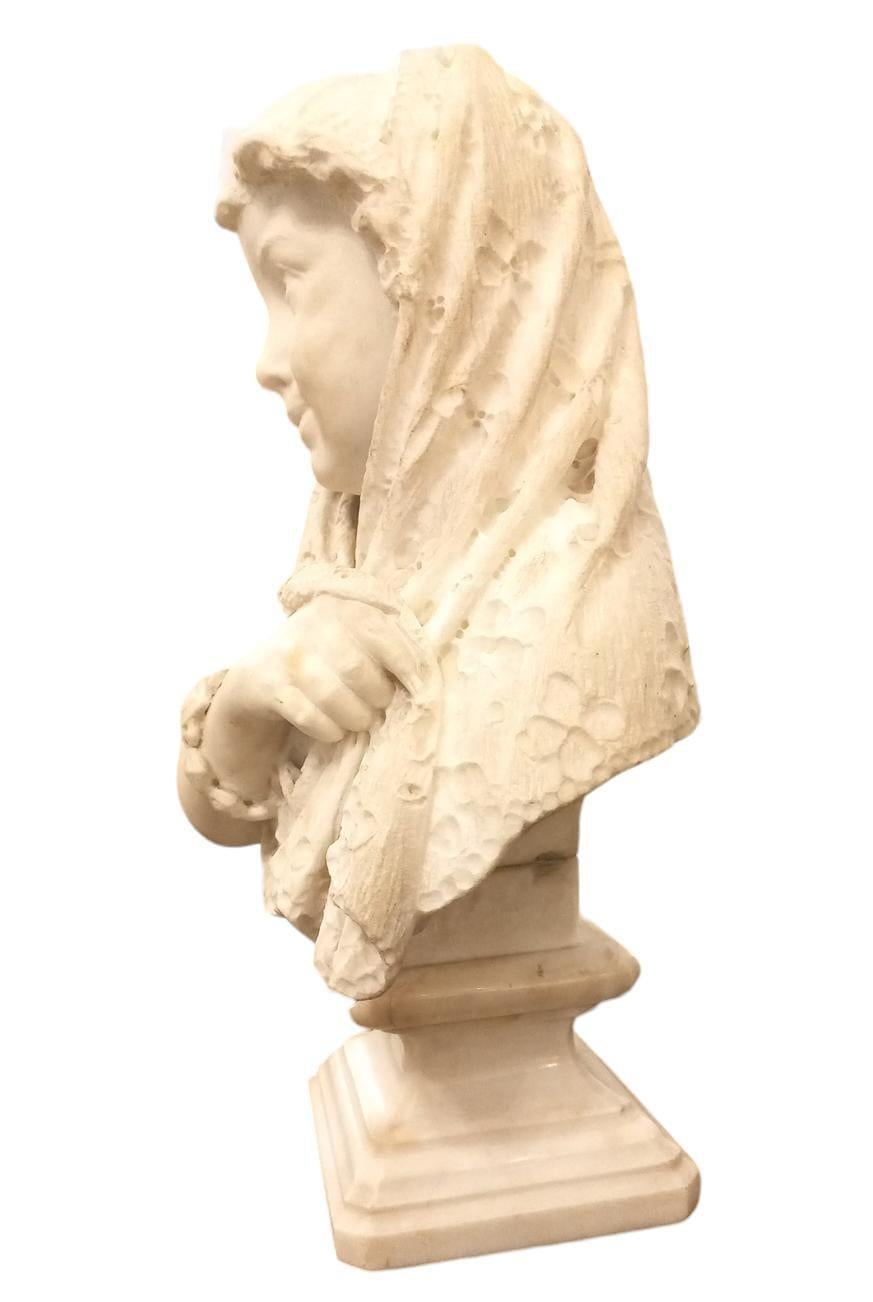 Carved Bust of Child with Veil in Carrara Marble