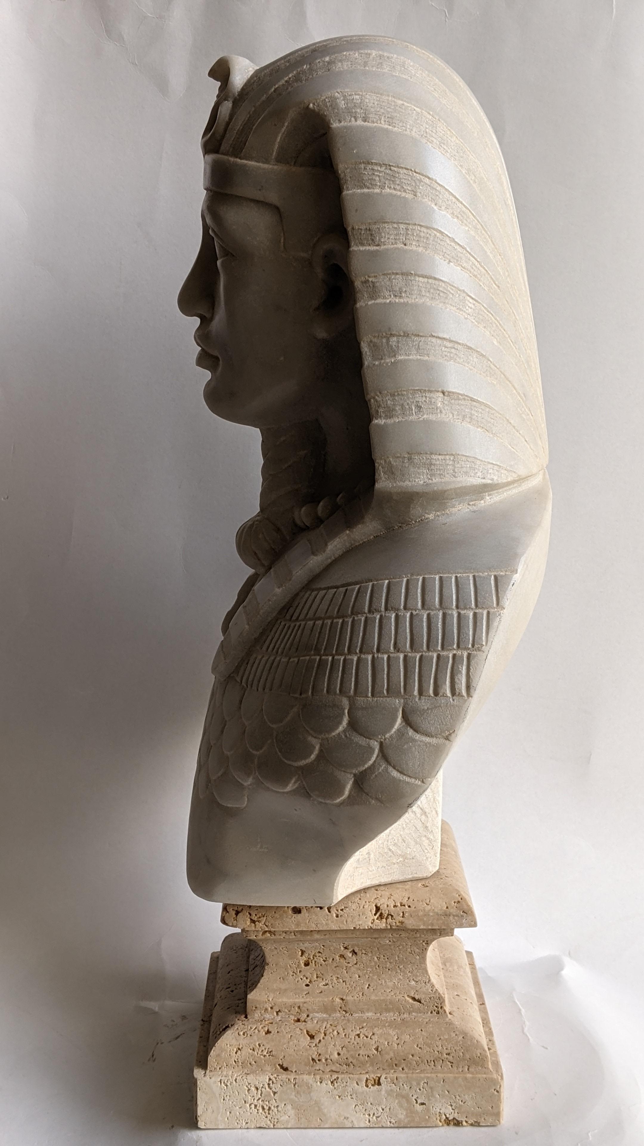 European Bust of Egyptian pharaoh carved on white Carrara marble For Sale