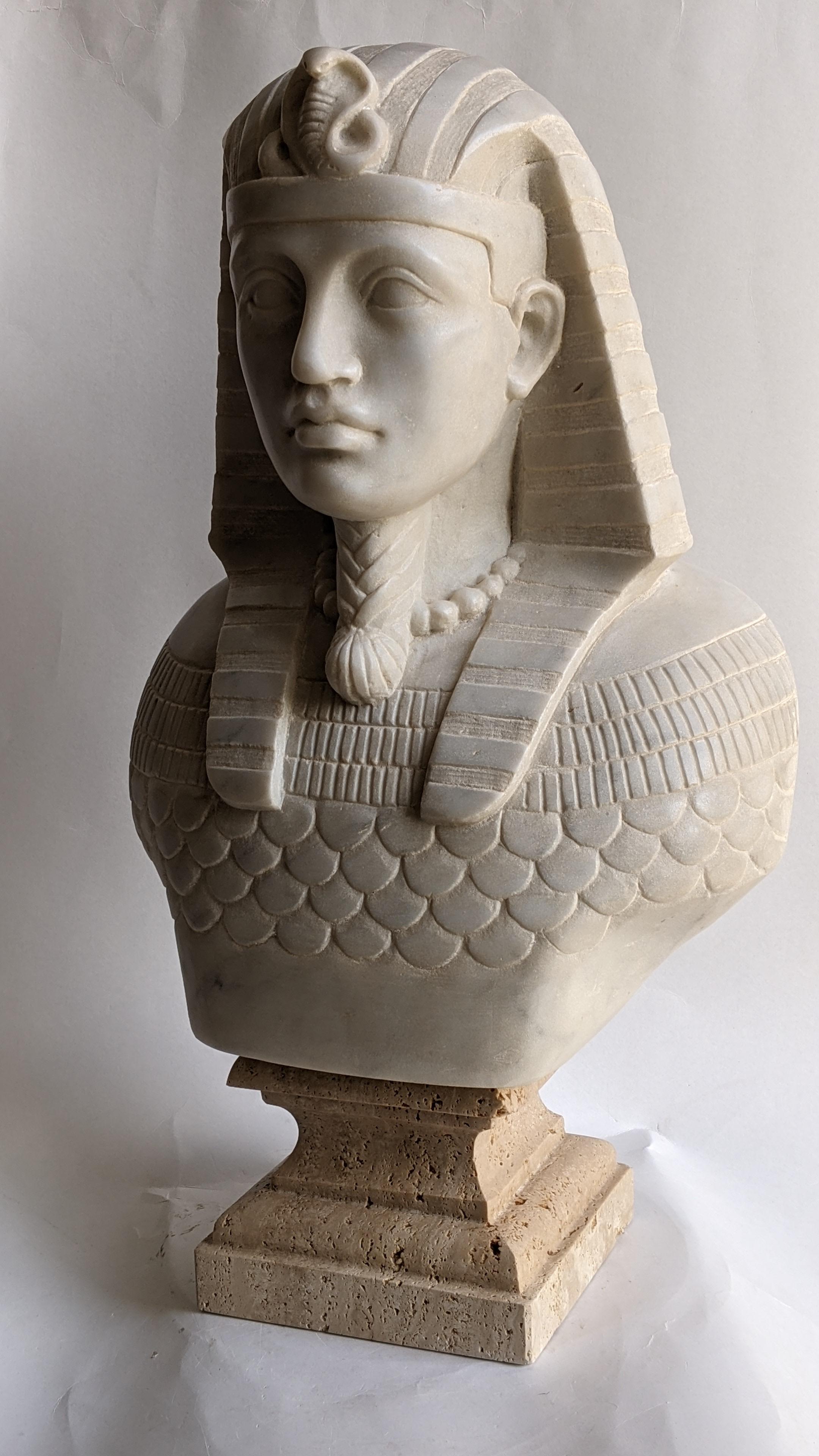 Hand-Crafted Bust of Egyptian pharaoh carved on white Carrara marble For Sale