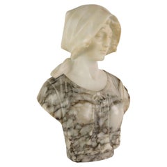 Bust of Young Woman in Alabaster and White Marble Italy Second Half 19th cent.