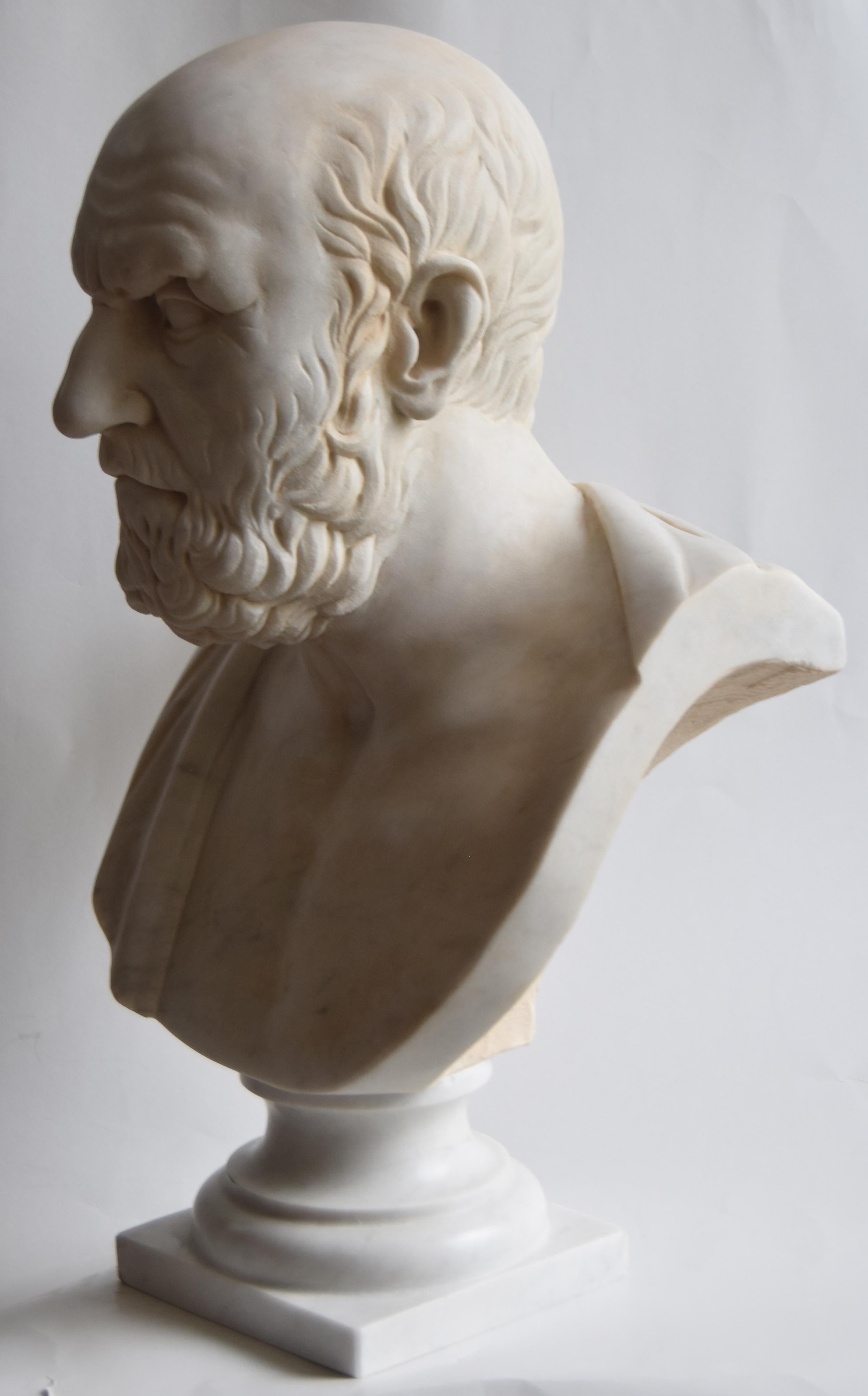 Sculpture, Hippocrates bust, Hippocrates, medicine father bust, ancient Roman bust, Roman art, classical art, Greek art, bust, white Carrara marble, classical sculpture, ancient sculpture, ancient bust, made in Italy
Bust carved on beautiful white