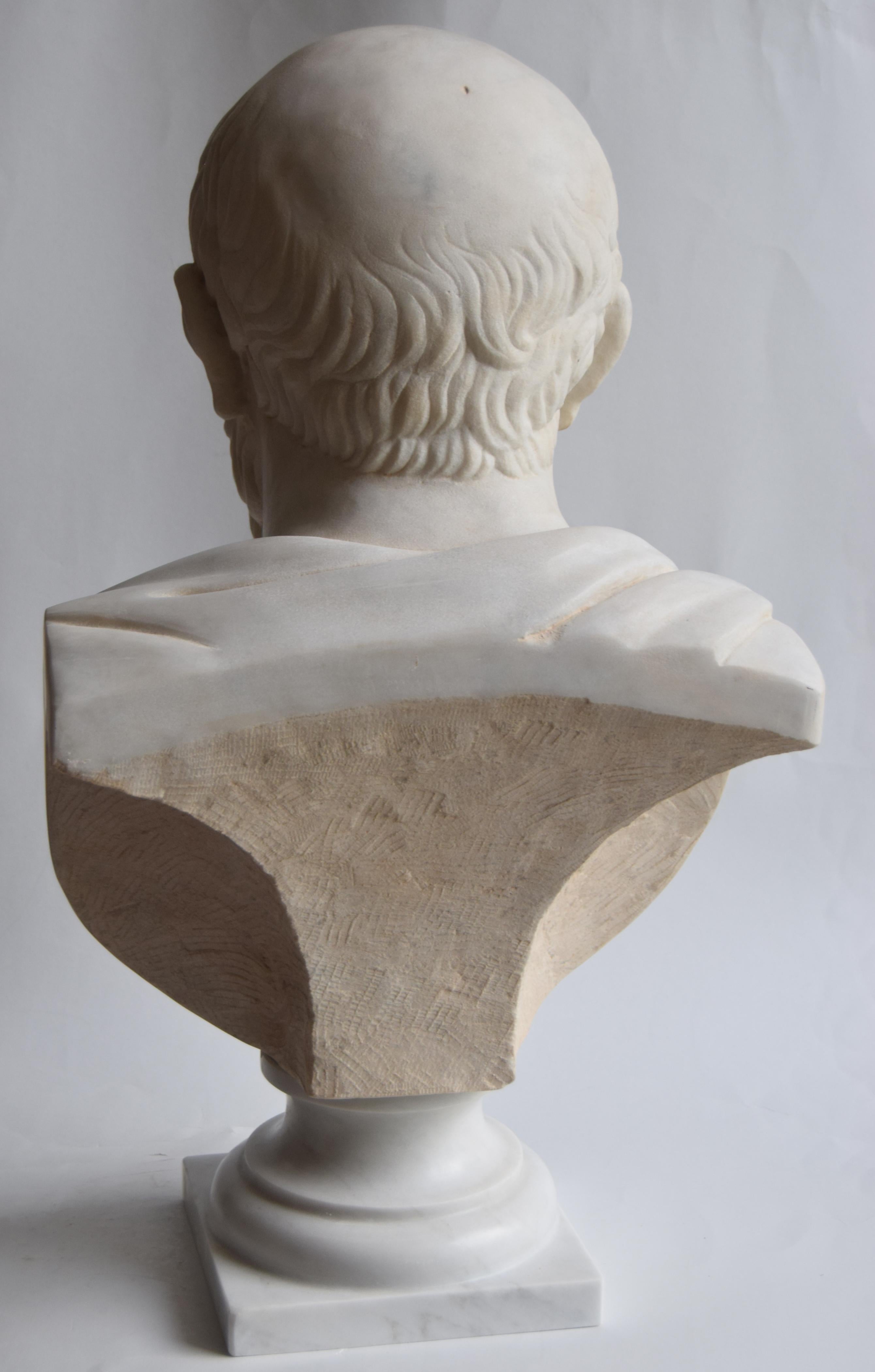 Hand-Crafted Bust of Hippocrates carved on white Carrara marble For Sale