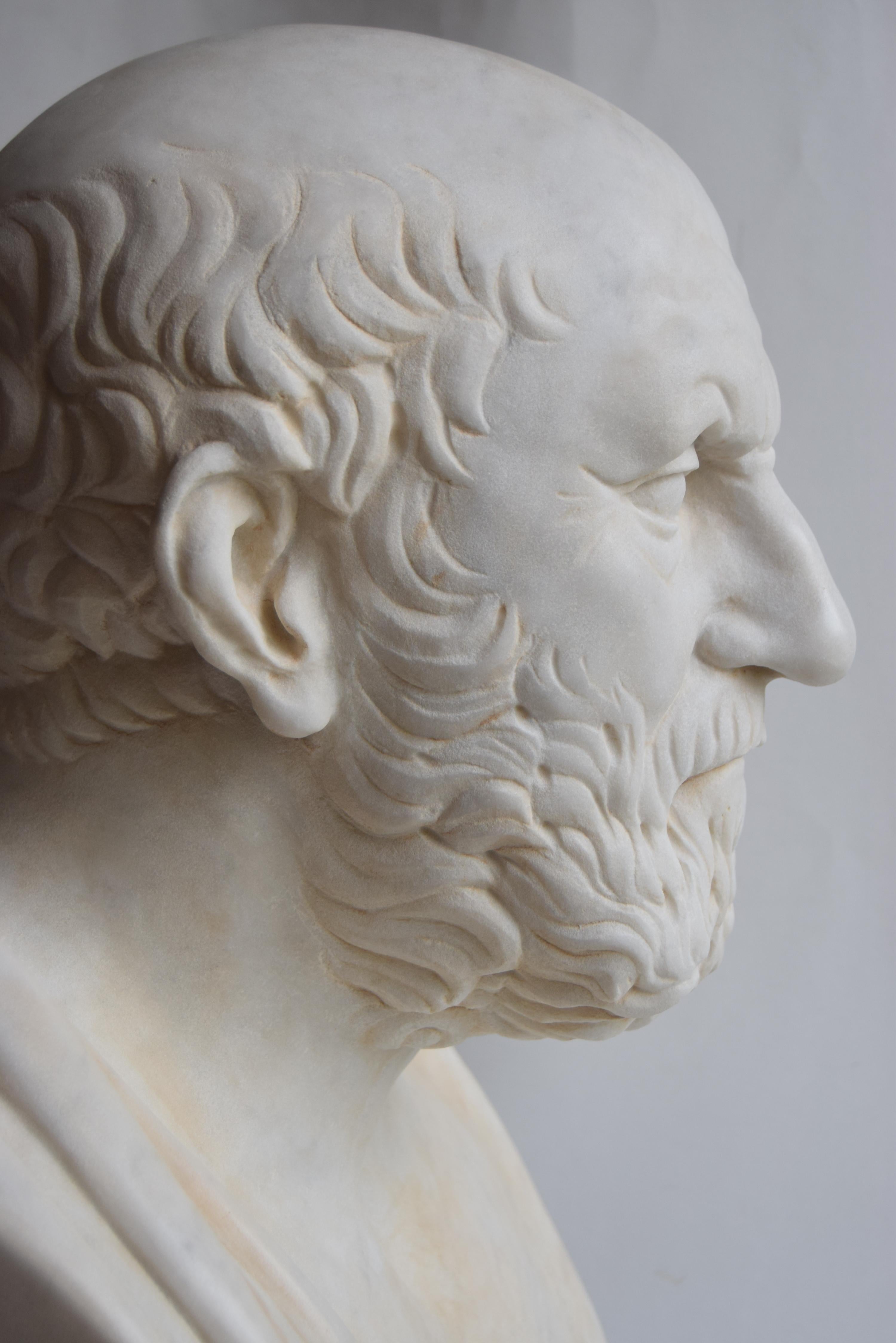 Buste d'Hippocrate sculpté sur du marbre blanc de Carrare en vente 1