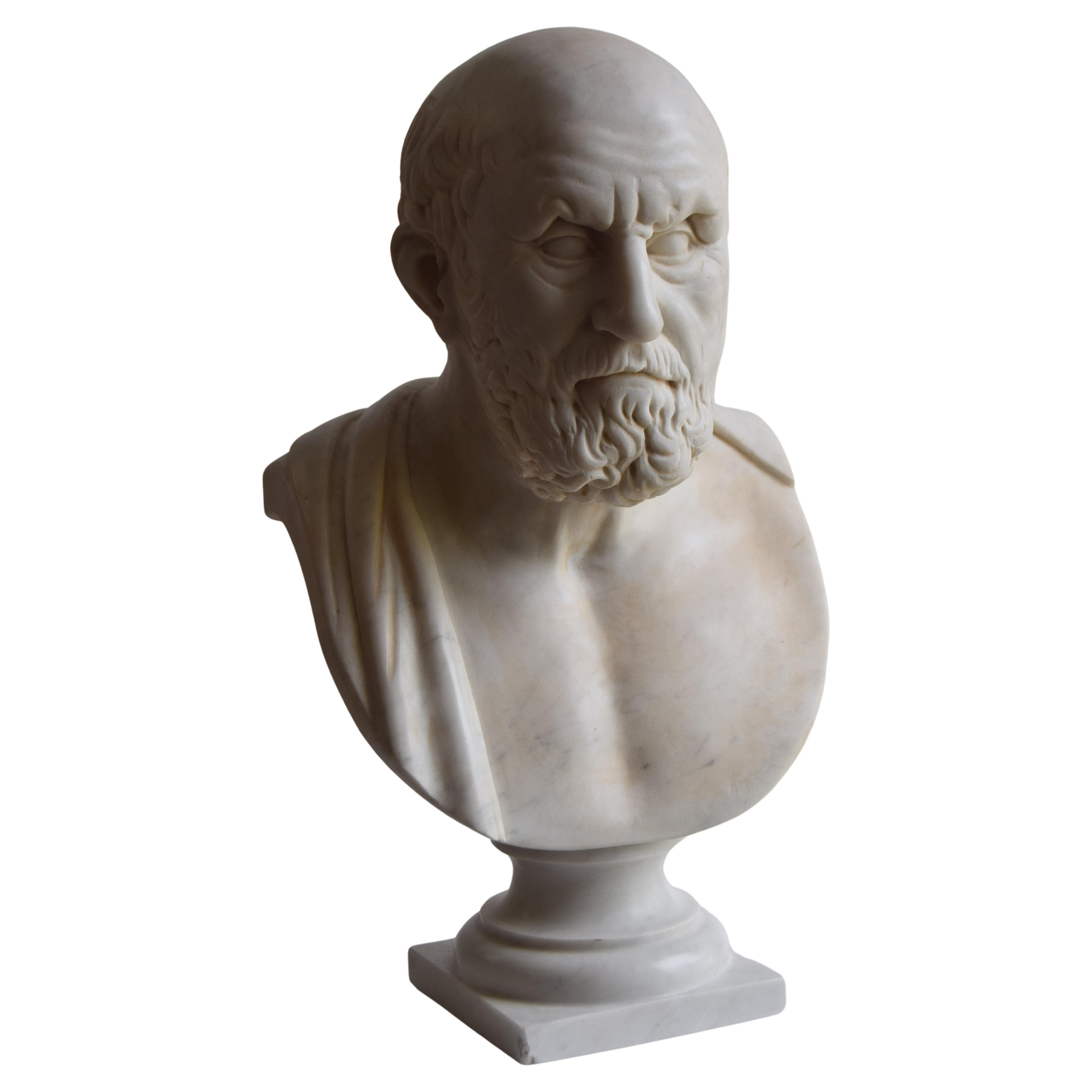 Bust of Hippocrates carved on white Carrara marble