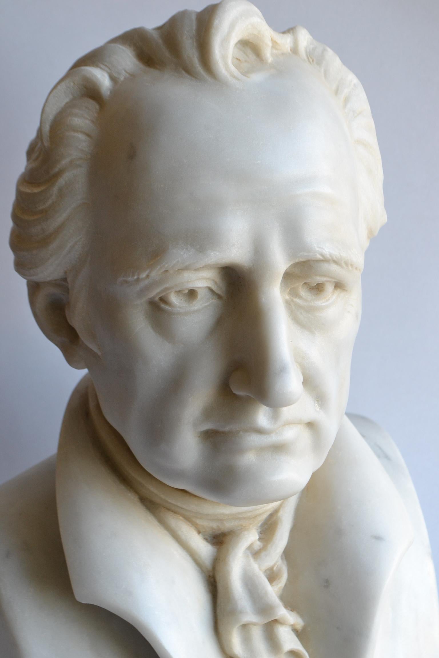 Busto di Johann Wolfgang von Goethe scolpito in marmo bianco Carrara For Sale 7