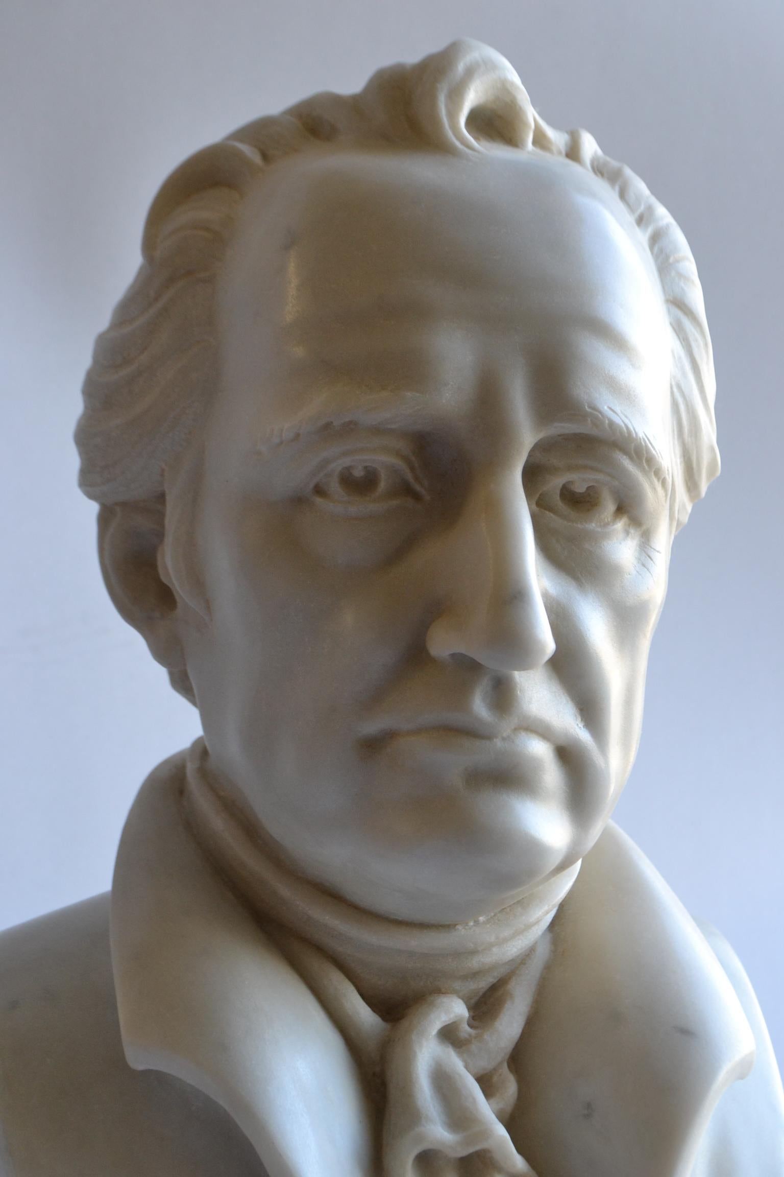 Busto di Johann Wolfgang von Goethe scolpito en marmo bianco Carrara en vente 11