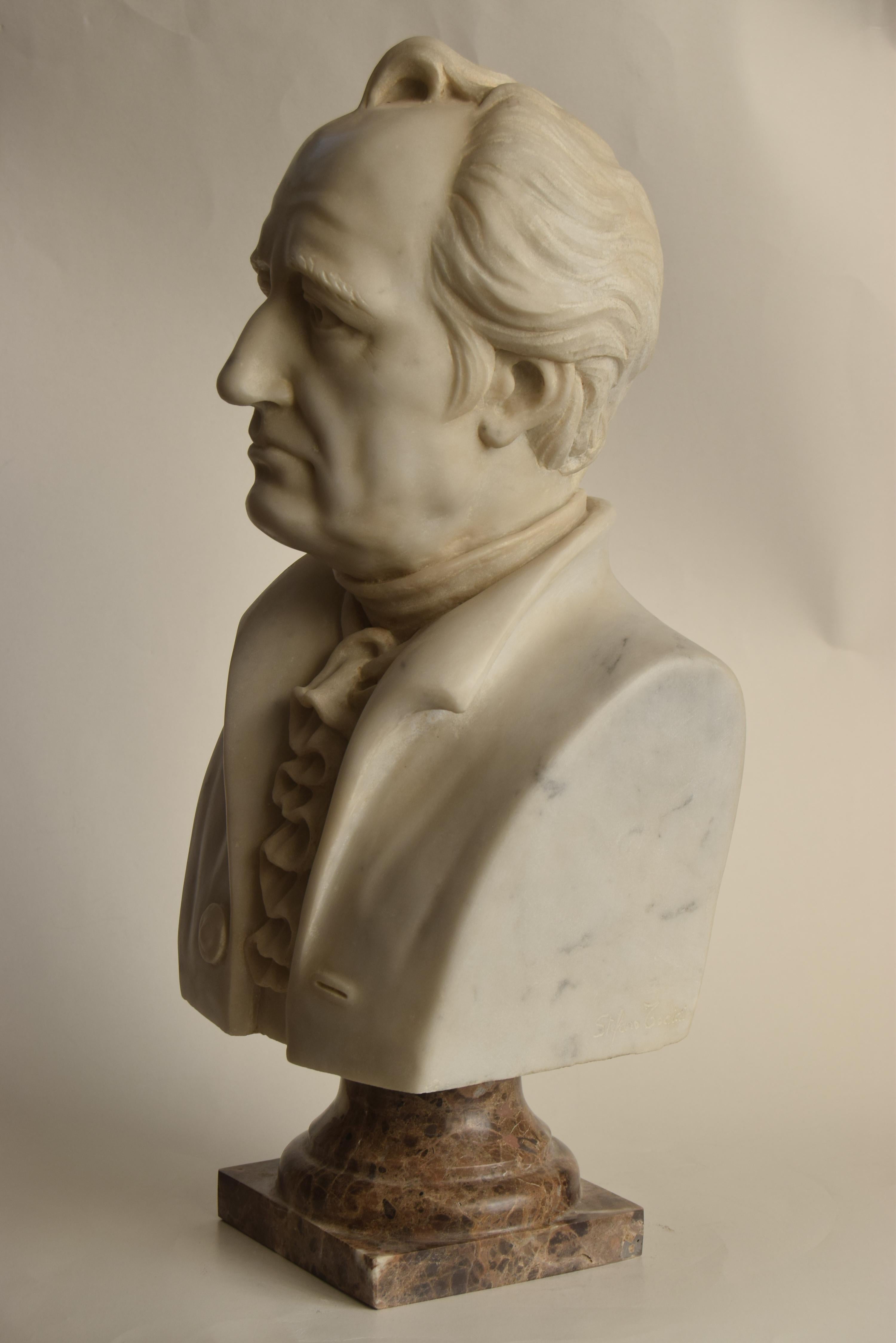 Romantique Busto di Johann Wolfgang von Goethe scolpito en marmo bianco Carrara en vente