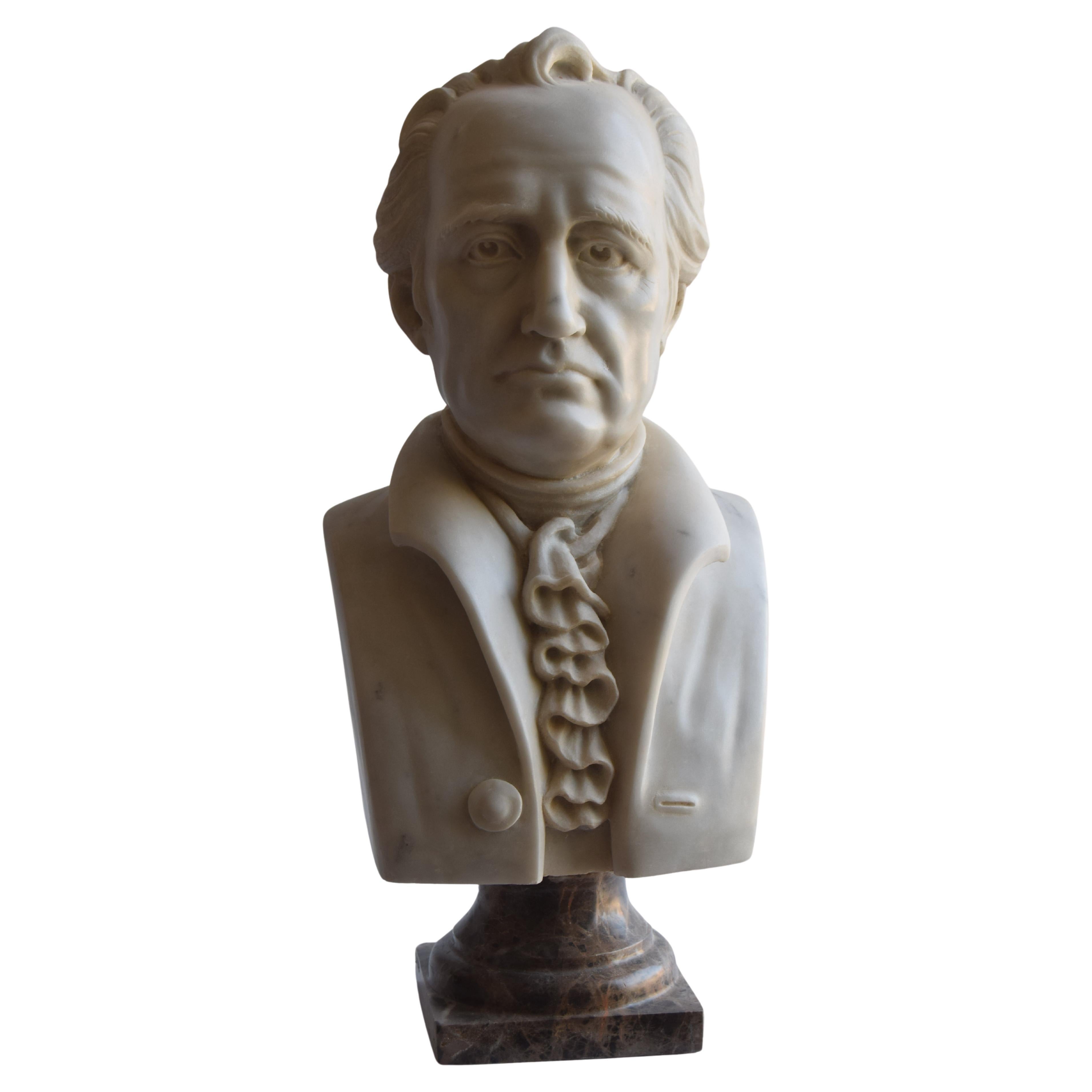 Busto di Johann Wolfgang von Goethe scolpito in marmo bianco Carrara For Sale