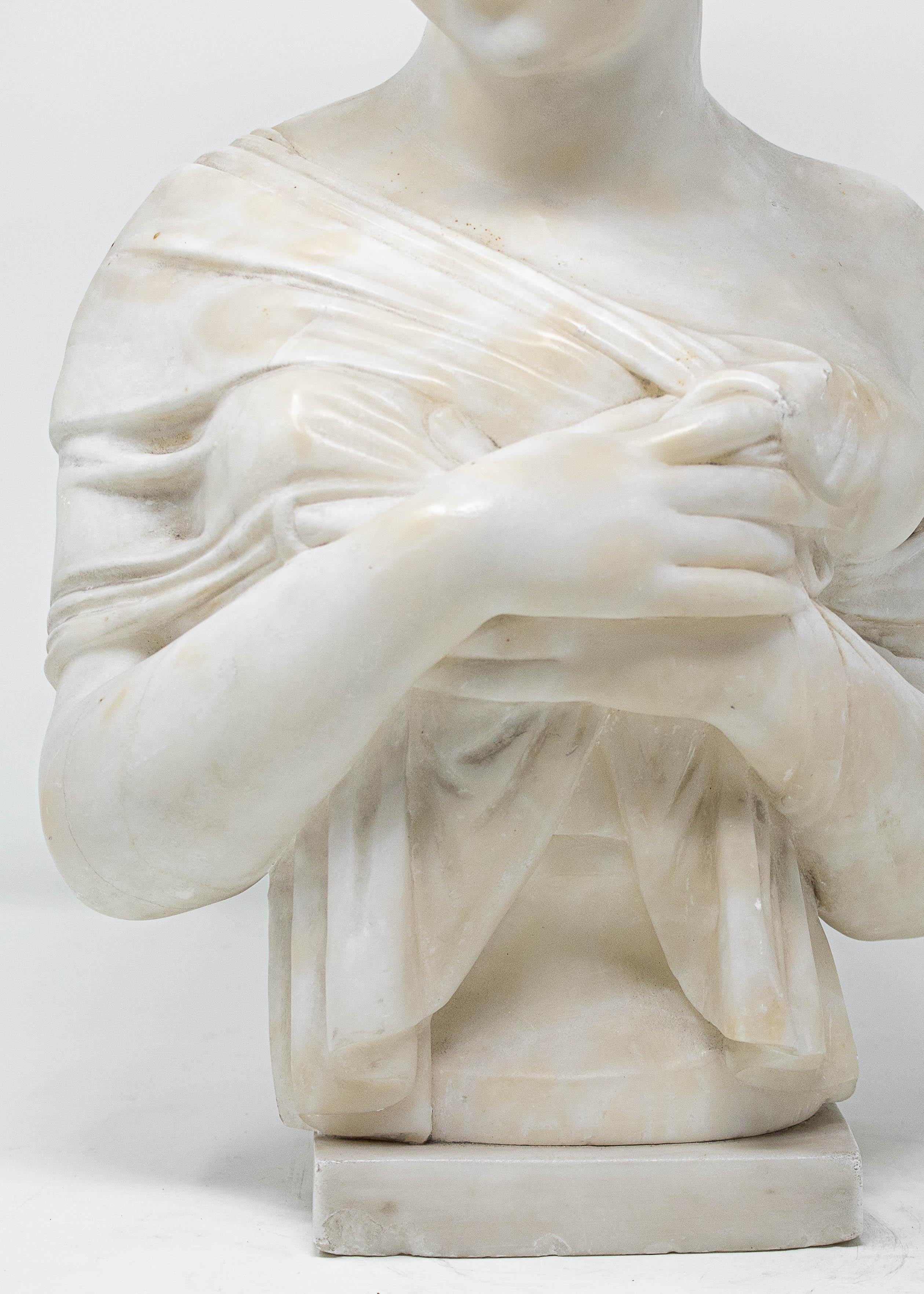 19e siècle

Buste de Juliette Récamier

Albâtre, 42 x 23 x 11 cm

La sculpture représente le buste de Jeanne Françoise Julie Adélaïde Bernard, plus connue sous le nom de Juliette Récamier ou Madame Récamier (Lyon, 3 décembre 1777 - Paris, 11 mai