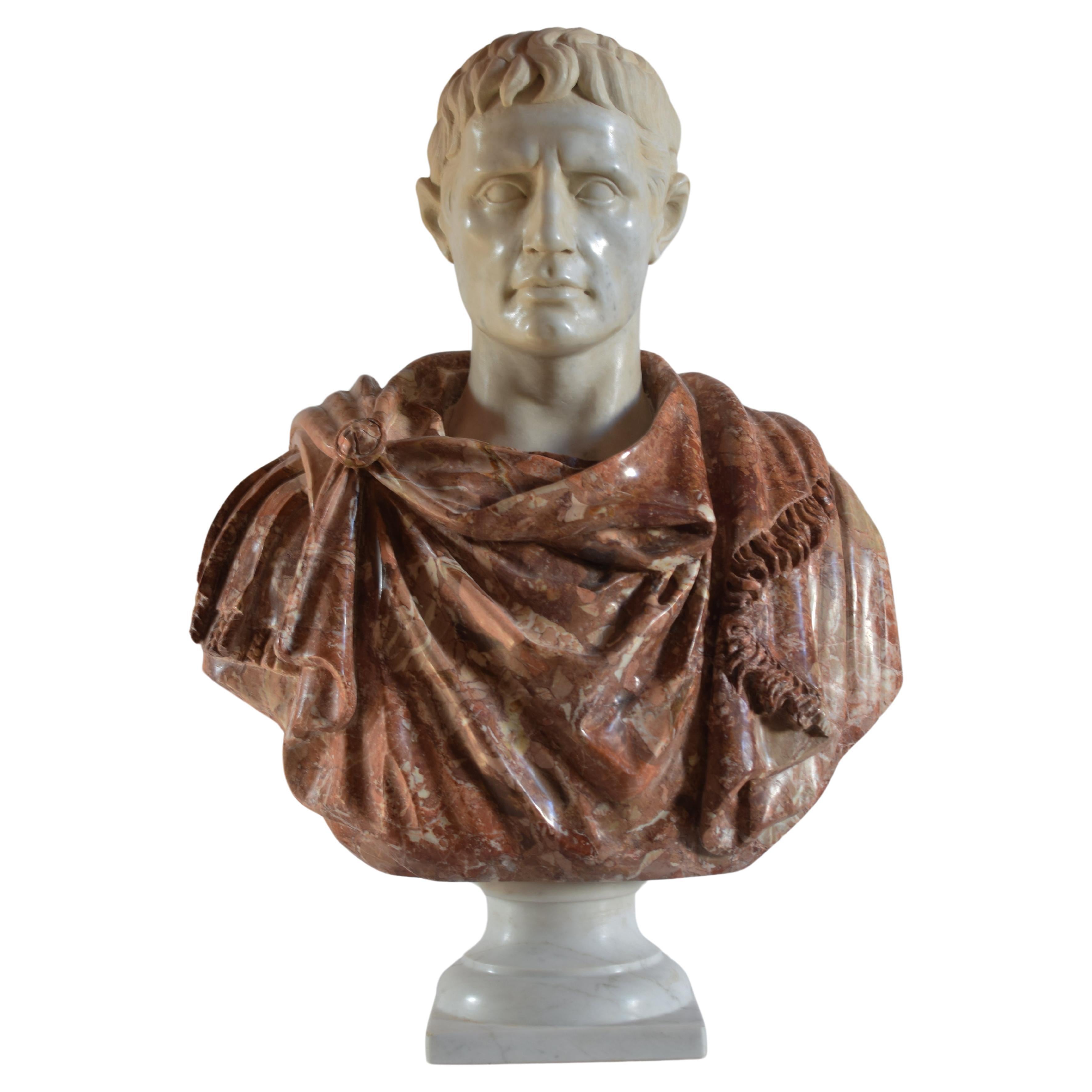 Busto di Ottaviano Augusto in breccia pernice e marmo bianco Carrara -made Italy For Sale