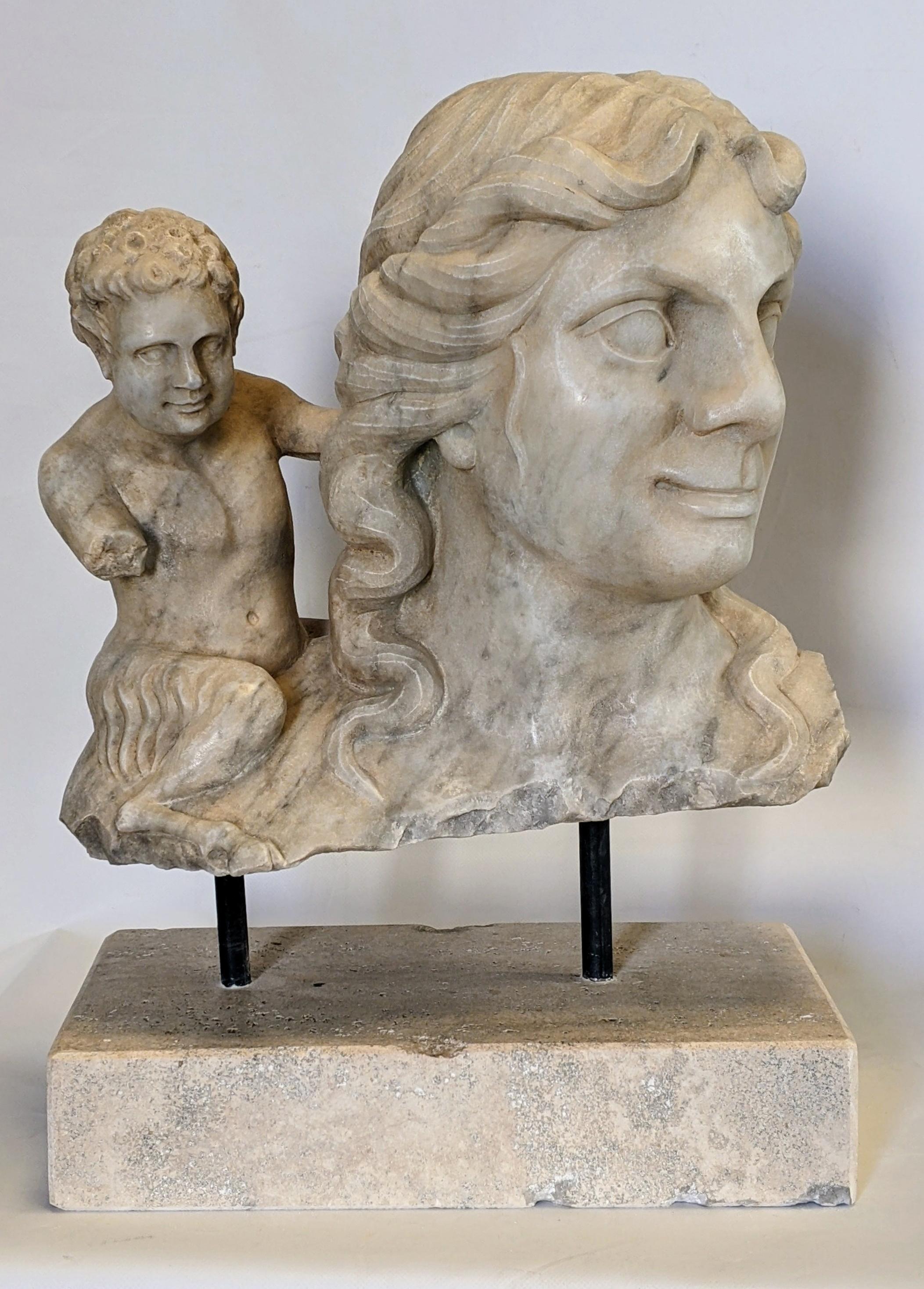 Fauna-Skulptur, Faun-Skulptur, kleine Faun-Skulptur, bona dea fauna, Carrara-Marmor-Skulptur, Carrara-Marmor-Büste
gruppenskulptur  fauna und kleiner Faun auf weißem Carrara-Marmor auf einem Sockel aus römischem Travertin.
Fauna, Faun, römische