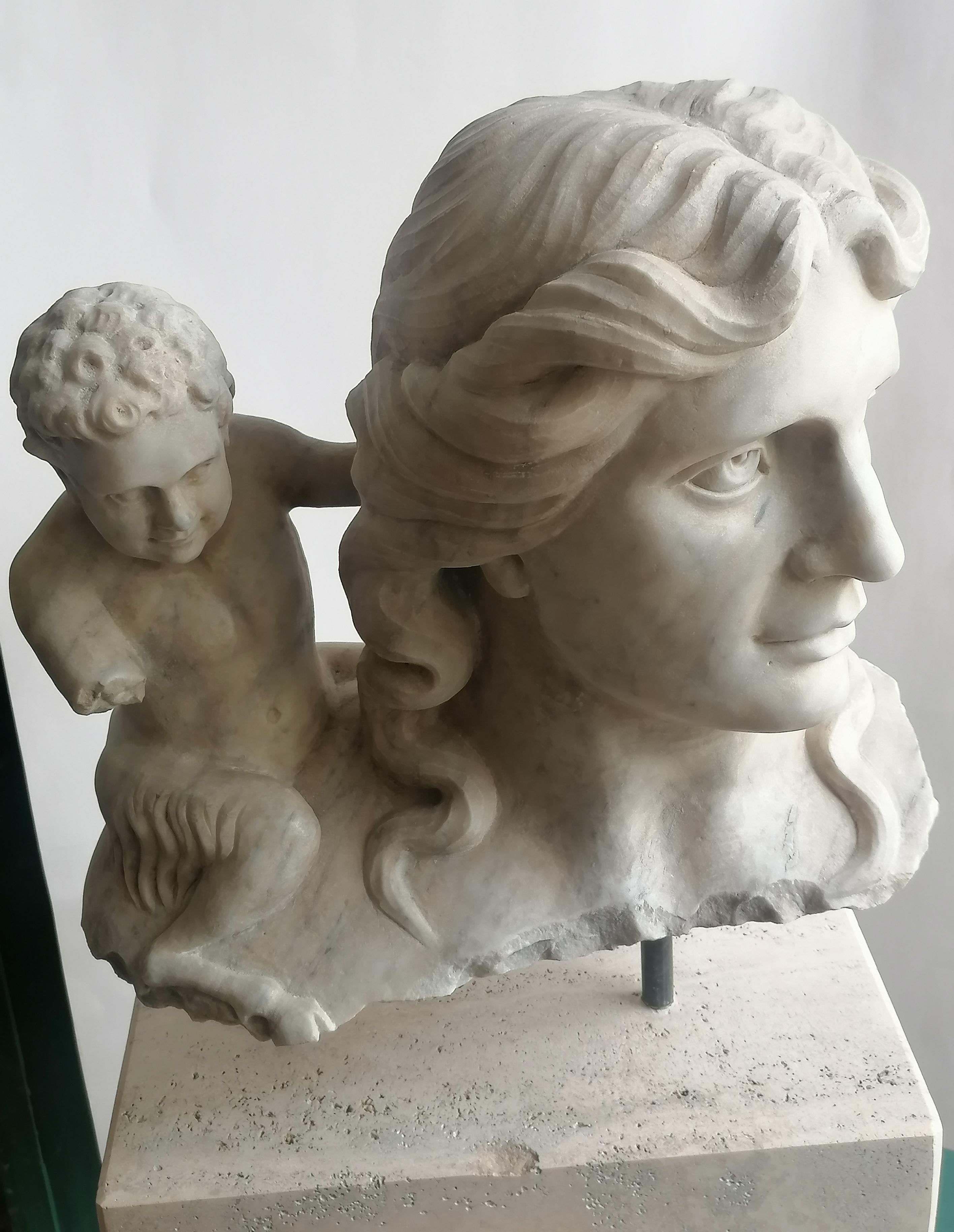 Fatto a mano Busto Fauna e piccolo fauno in marmo Carrara - originale made in Italy in vendita