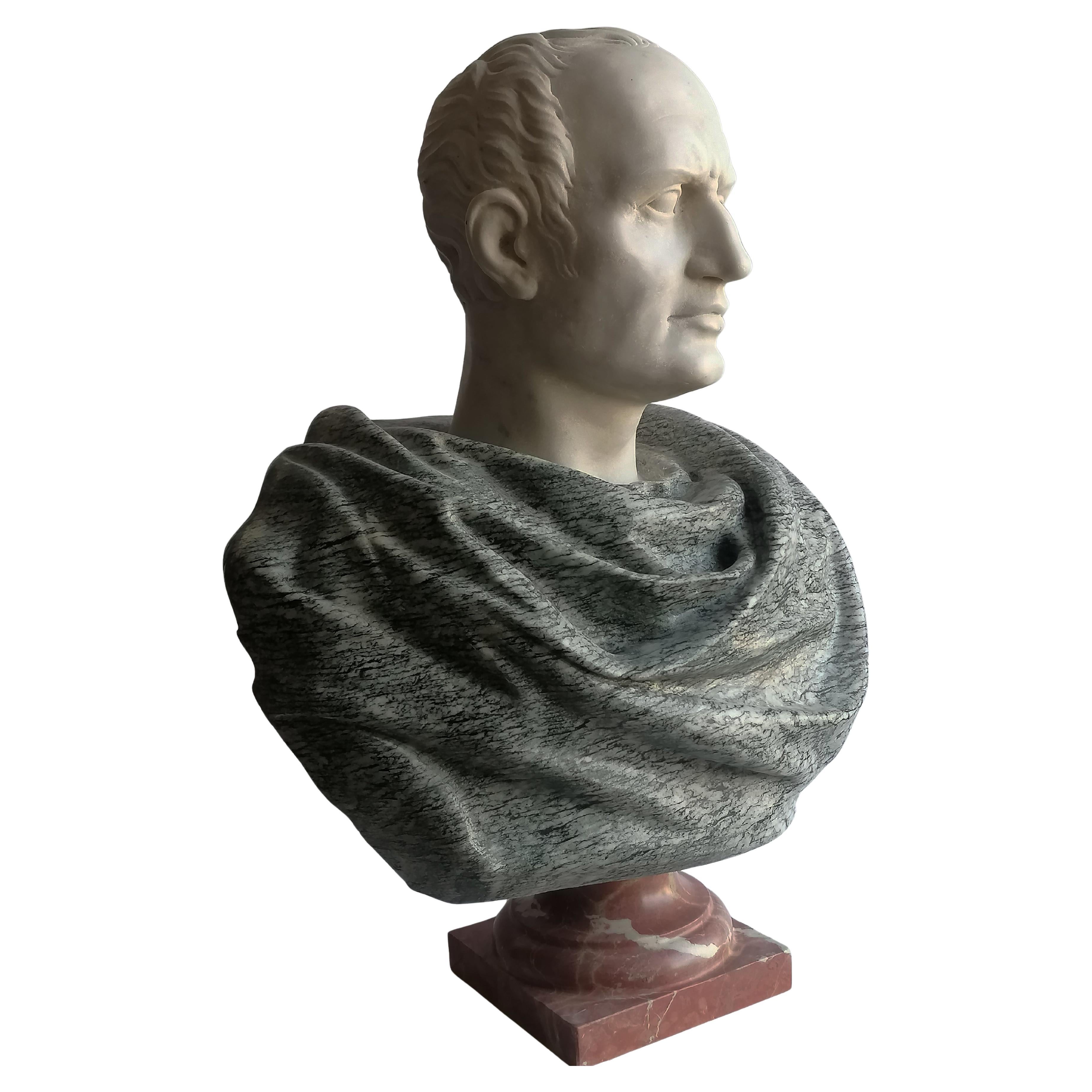 Bust Julius Caesar carved on  white and cipolin marble -made in Italy For Sale