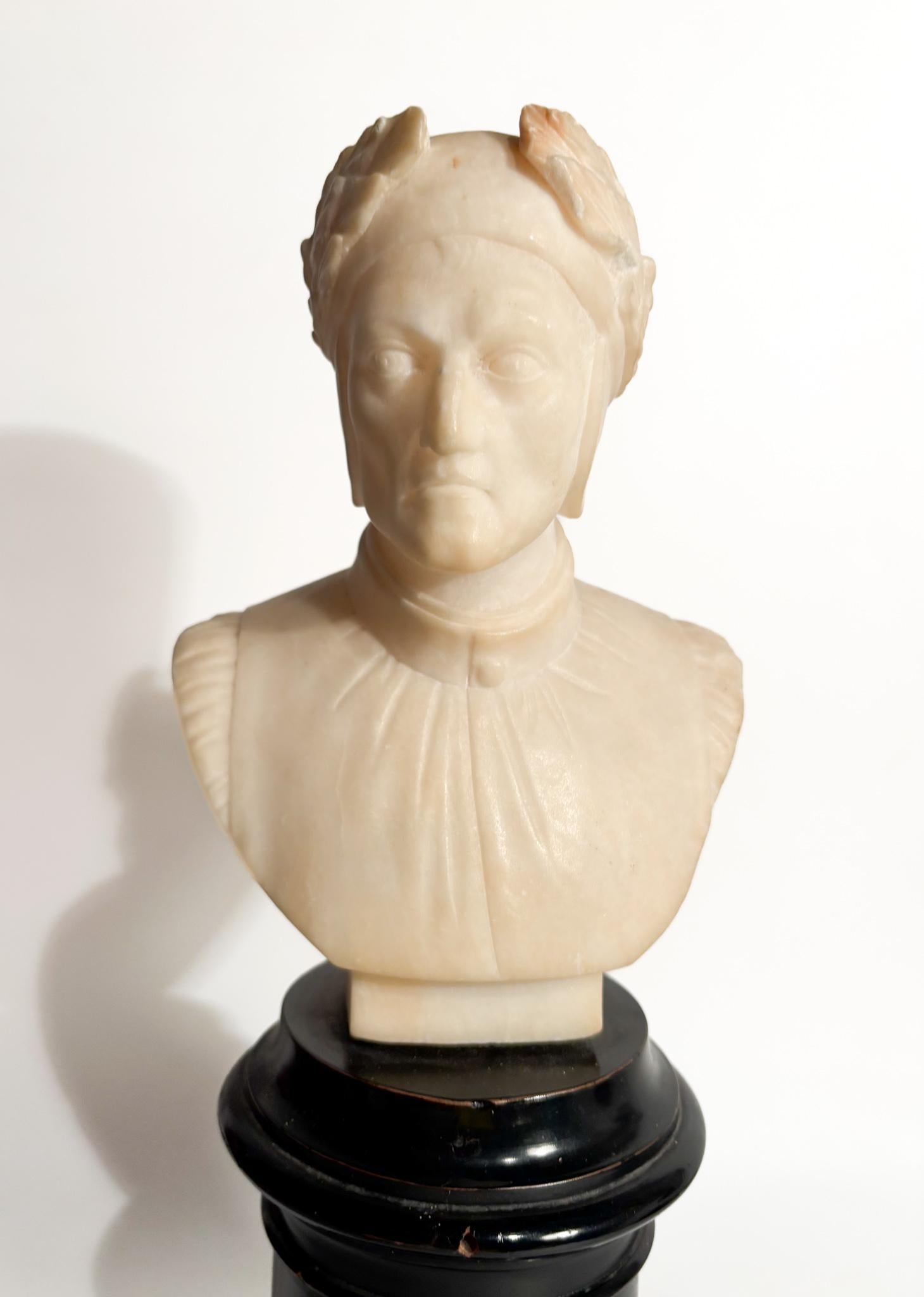 Italian White Marble Bust of Dante Alighieri and Wooden Base 1950s
