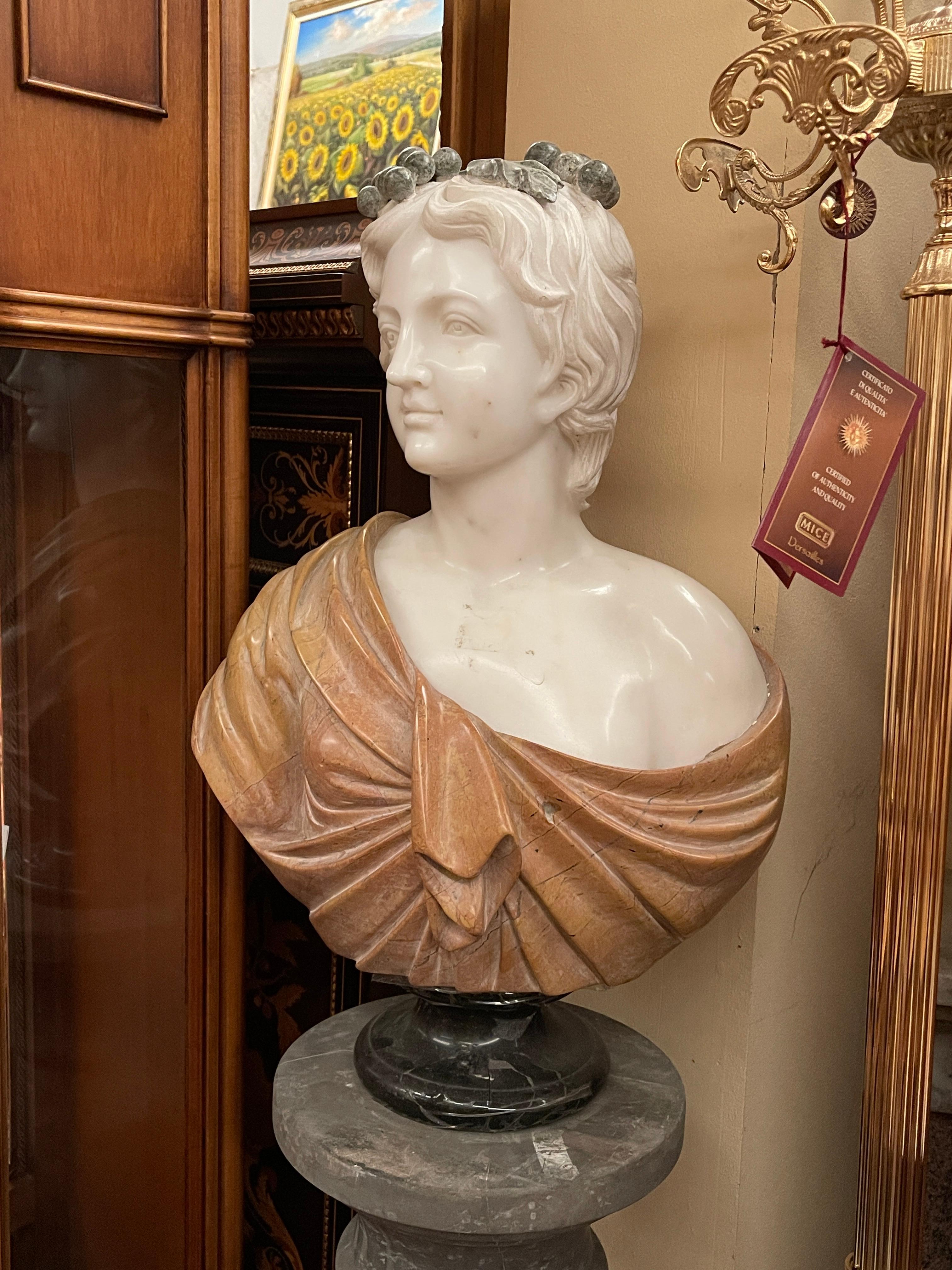 Raffinato busto scultoreo in marmo policromo raffigurante una giovane donna dal volto sereno, ornata da una corona di grappoli d'uva.
L'opera unisce con grande maestria diverse tipologie di marmo: il bianco per il volto e il décolleté, il
