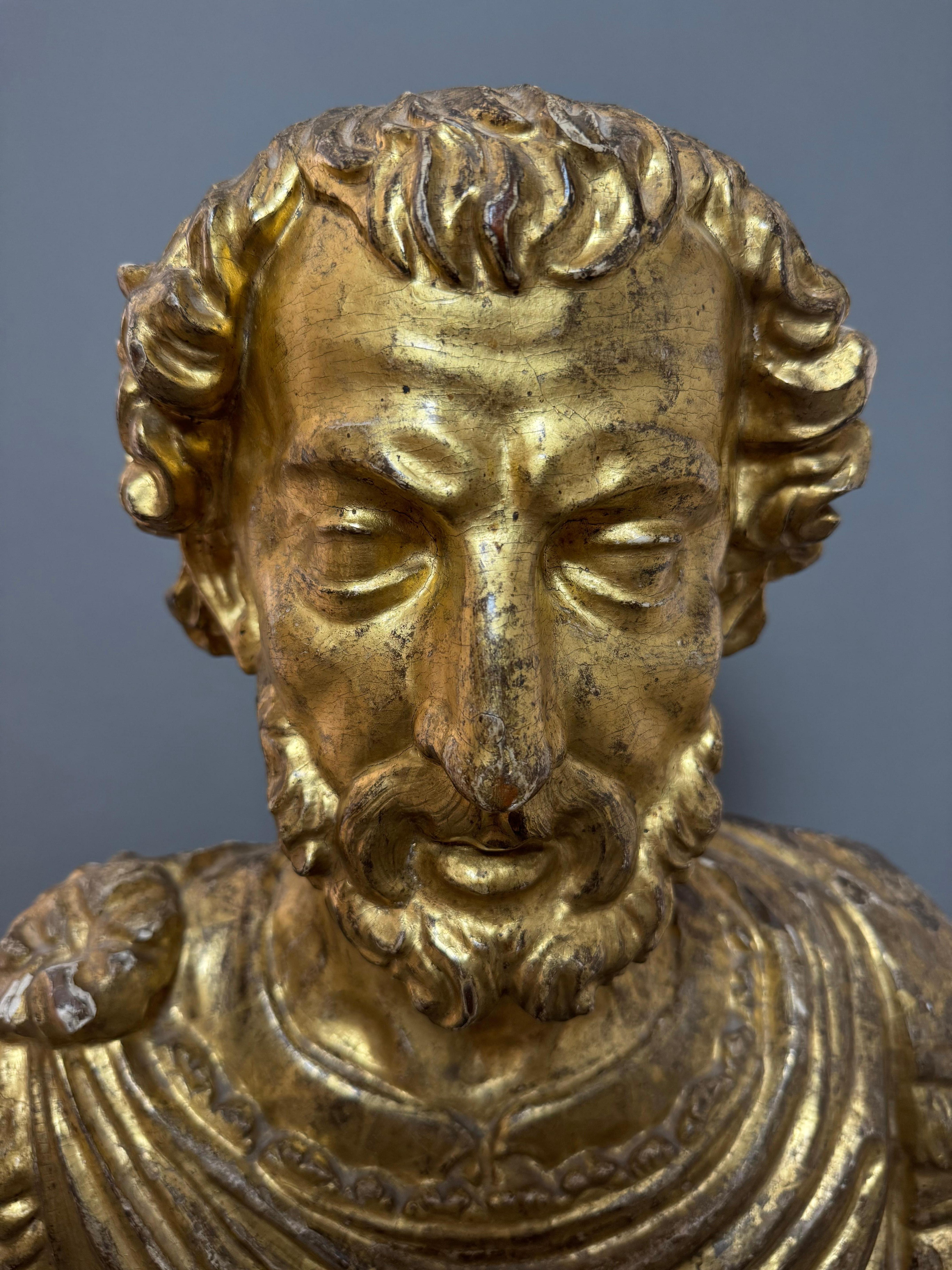 Busto ligneo dell'imperatore romano Marco Aurelio - seconda metà del XVII secolo In Good Condition For Sale In Fidenza, IT