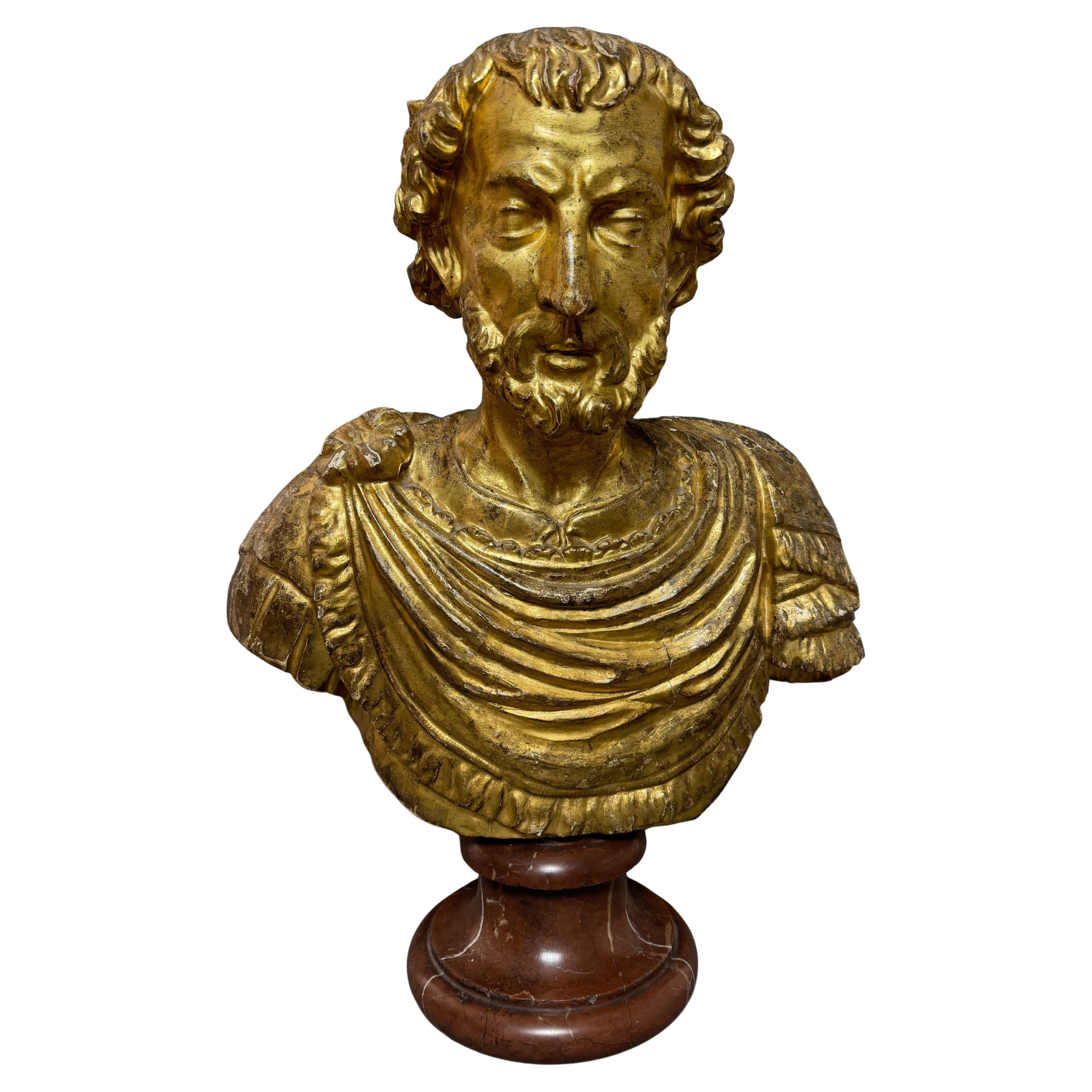 Busto ligneo dell
imperatore romano Marco Aurelio - seconda metà del XVII secolo For Sale