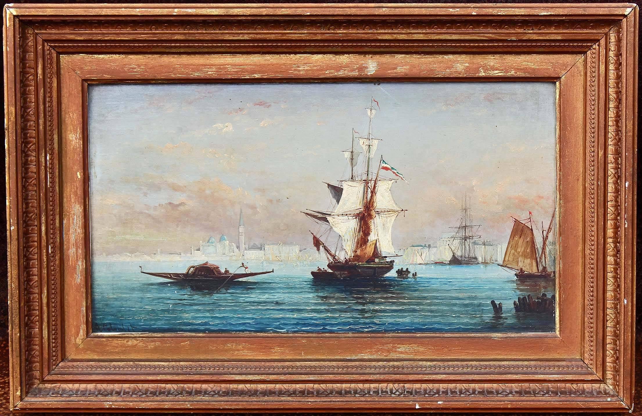 Busy Venetian Harbor Scene Italian Seascape Oil Painting In Good Condition For Sale In Rochester, NY