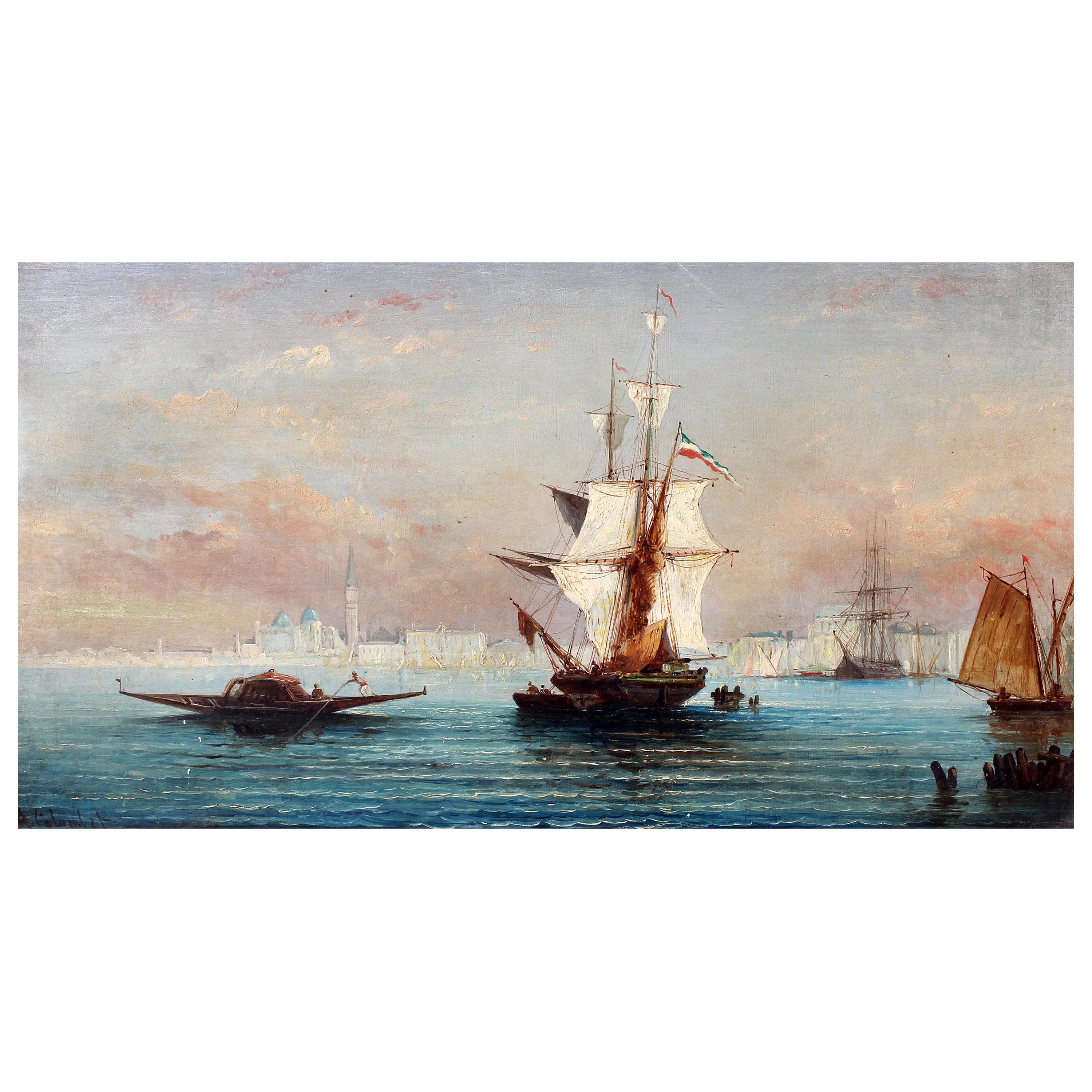 Busy Venetian Harbor Scene Italian Seascape Oil Painting For Sale