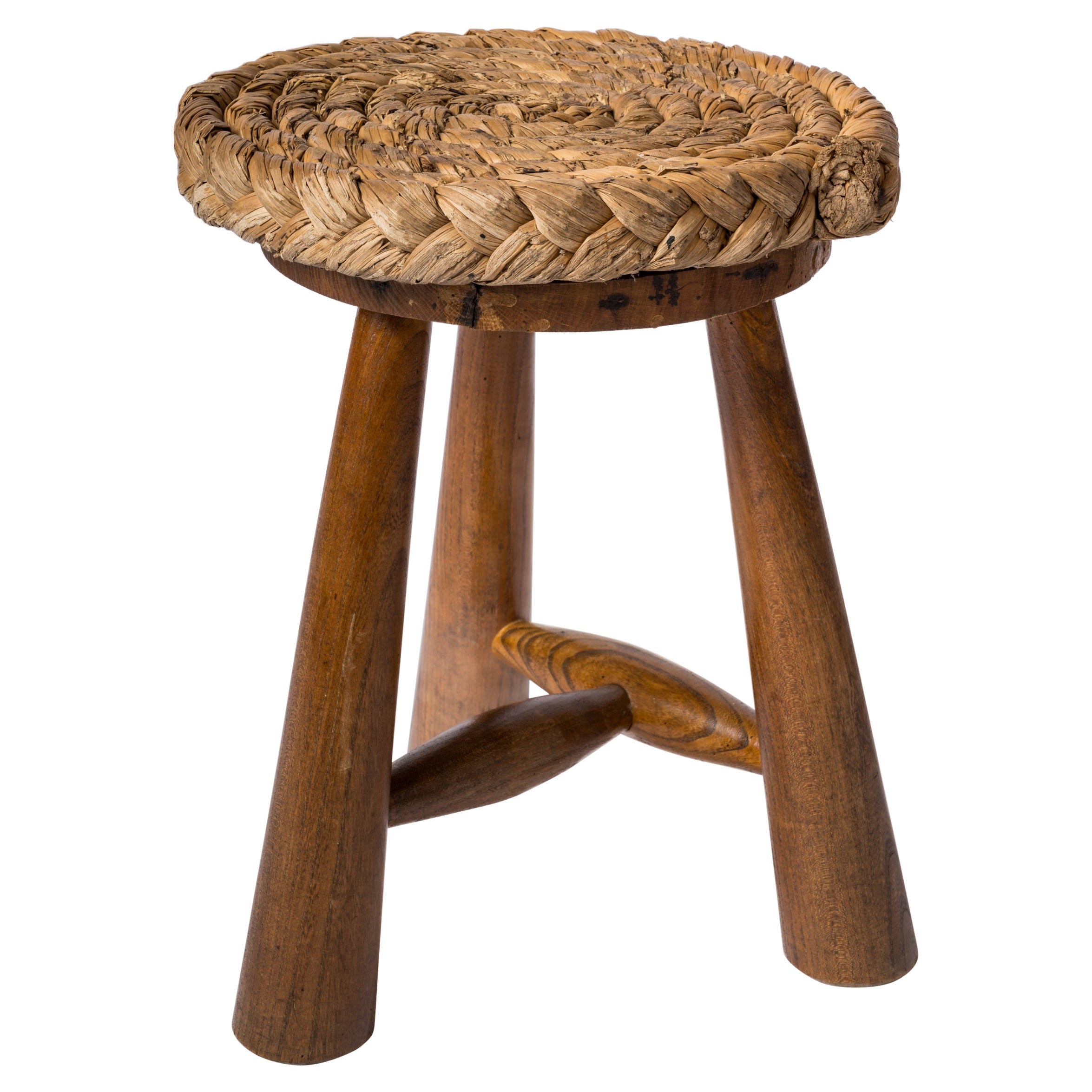Butalist Tripod Stool in Oak & Rush by Audoux Minnet - France 1960's