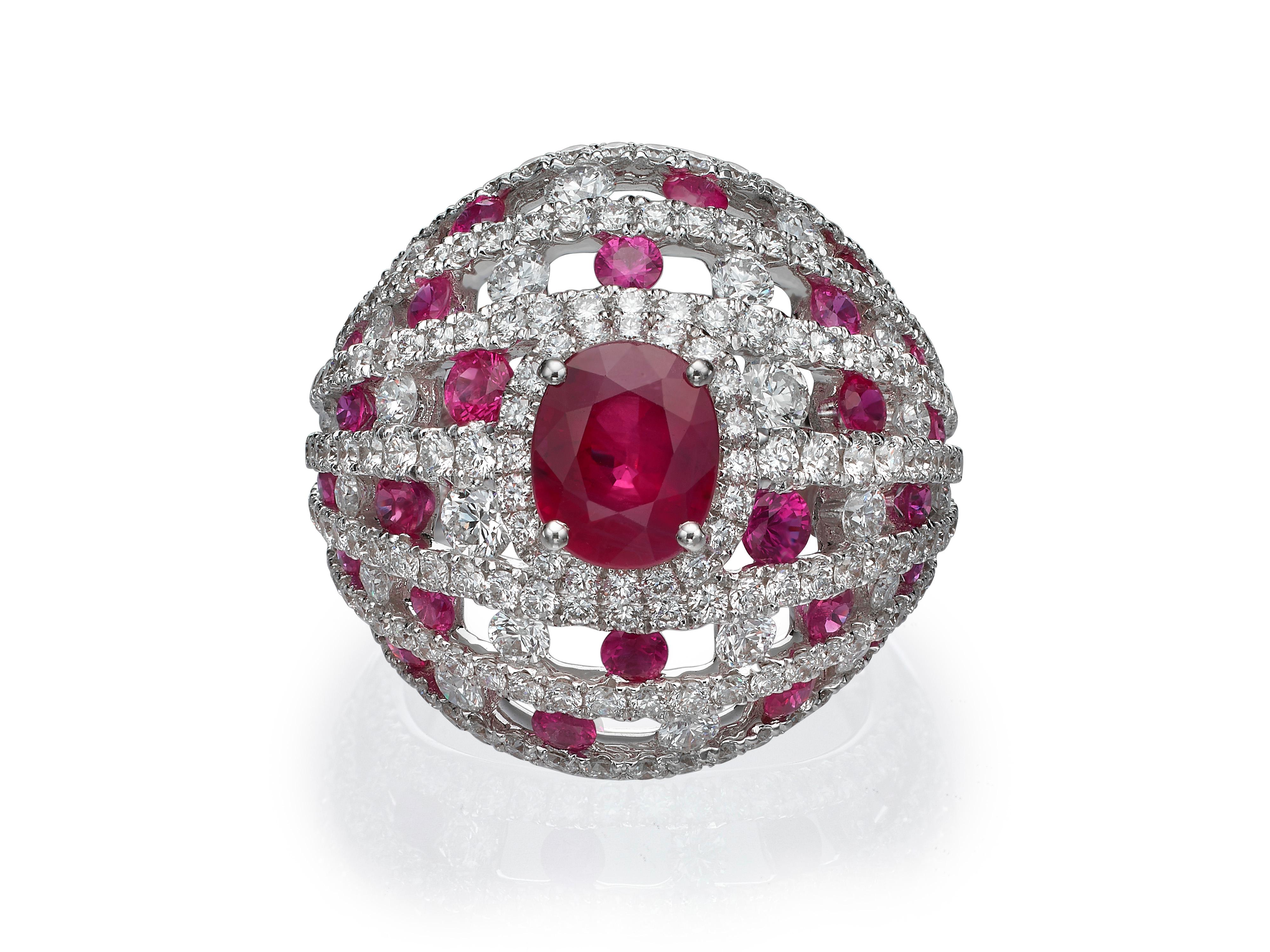 Contemporary 2.23 Carat Oval Ruby Diamond 18 Karat White Gold Cocktail Dome Ring For Sale