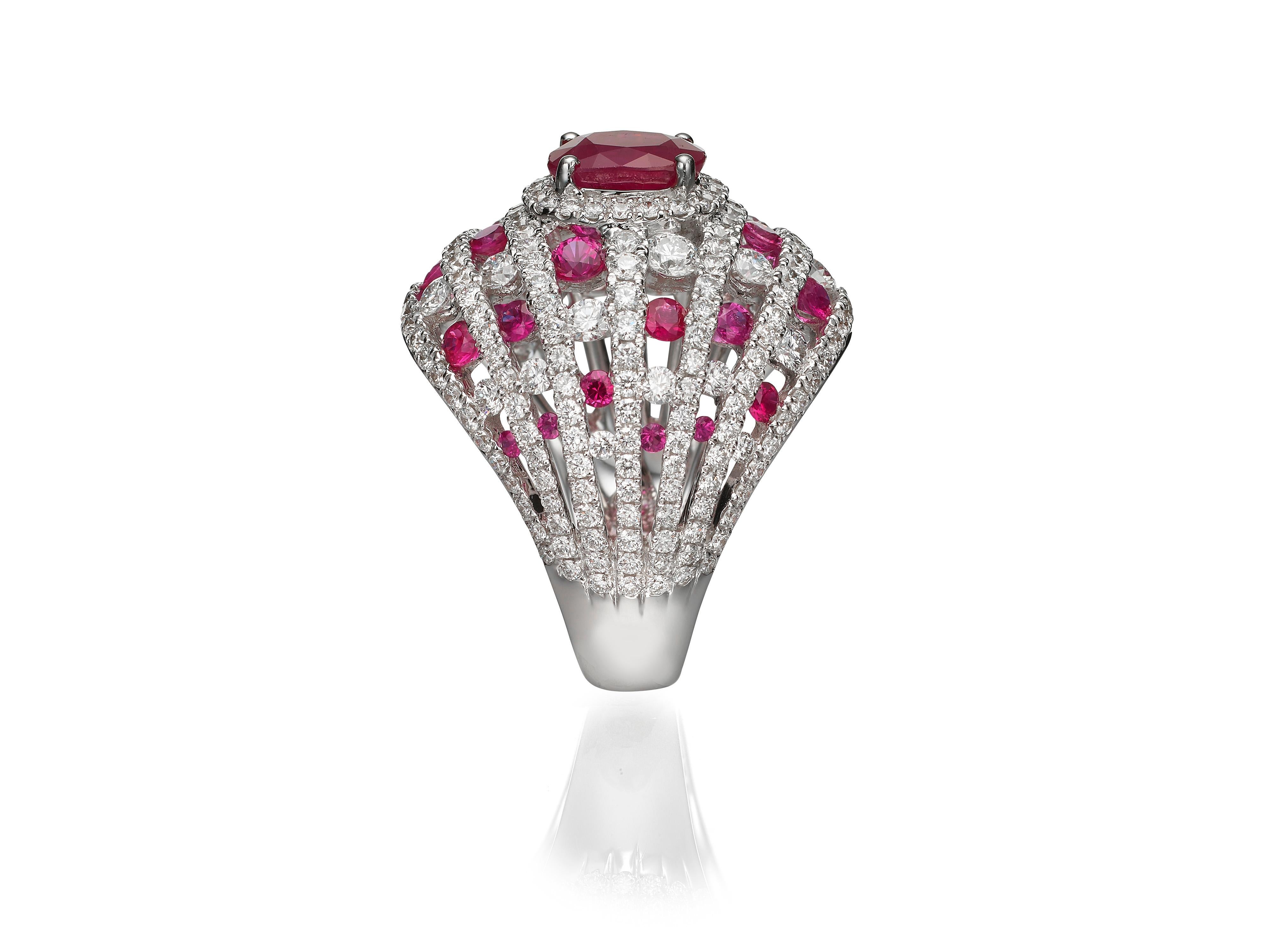 Oval Cut 2.23 Carat Oval Ruby Diamond 18 Karat White Gold Cocktail Dome Ring For Sale