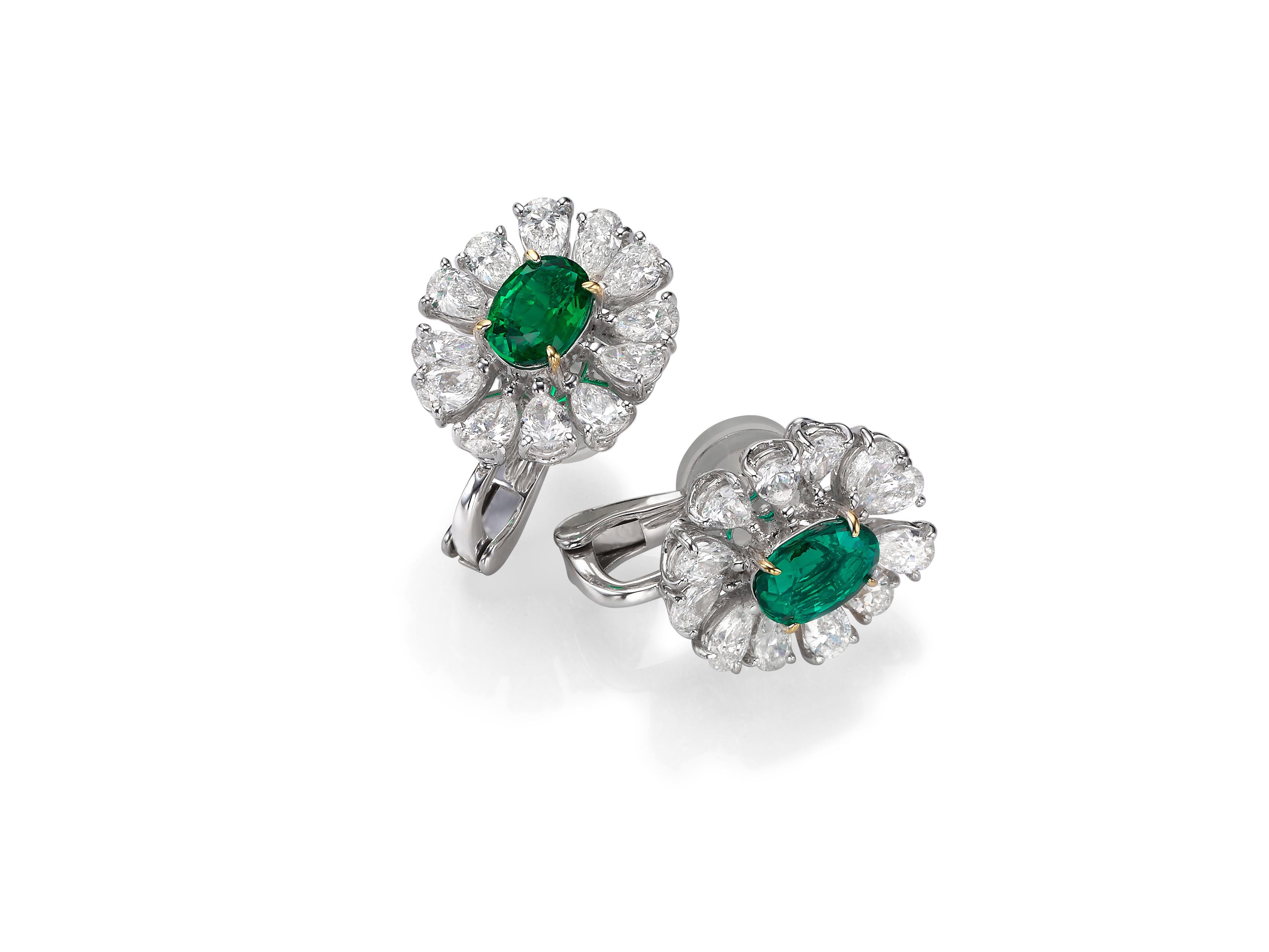 Contemporary 2.51 Carat Oval Emerald Pear-Shape Diamond 18 Karat White Gold Stud Earrings