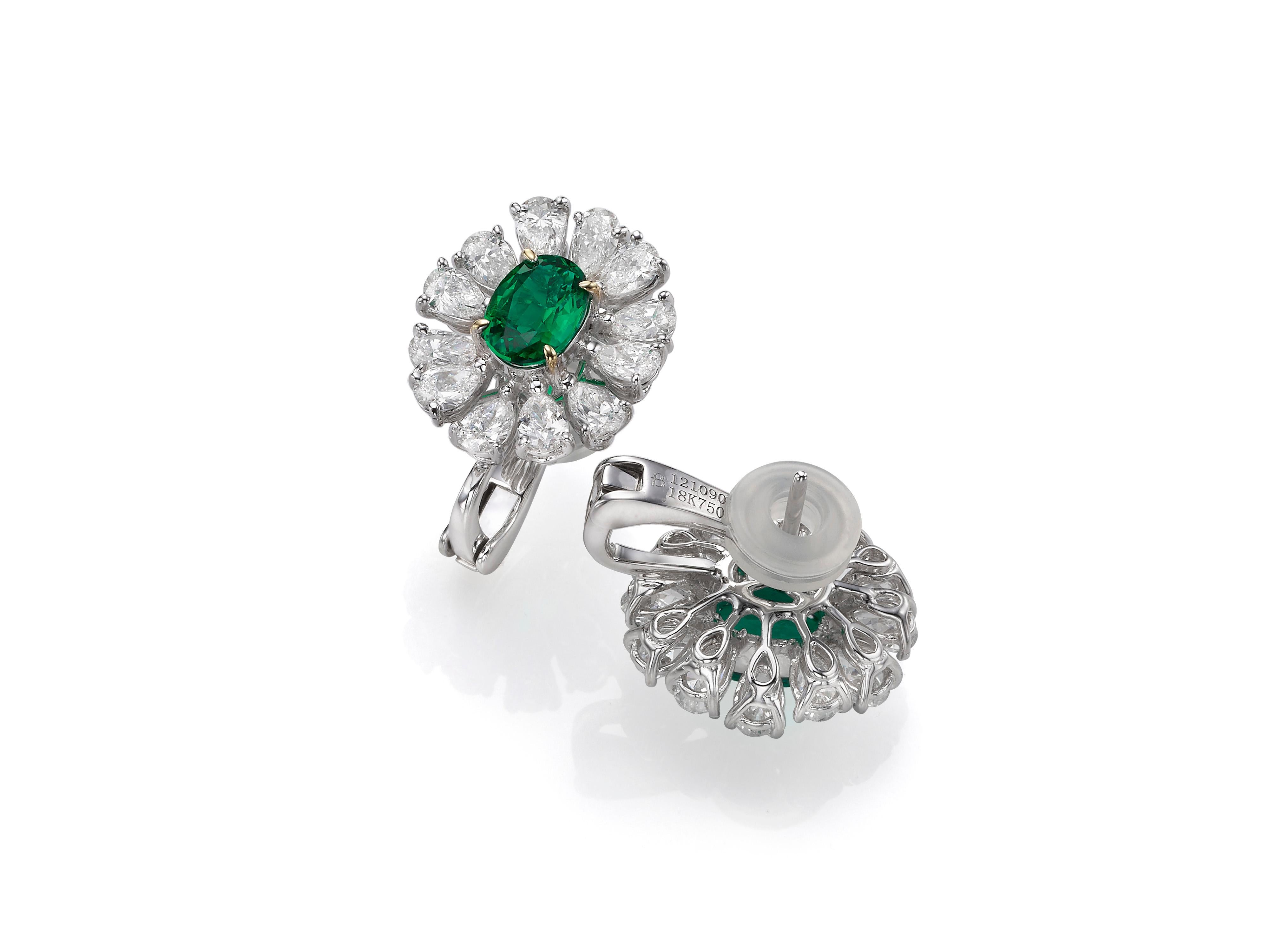 Oval Cut 2.51 Carat Oval Emerald Pear-Shape Diamond 18 Karat White Gold Stud Earrings