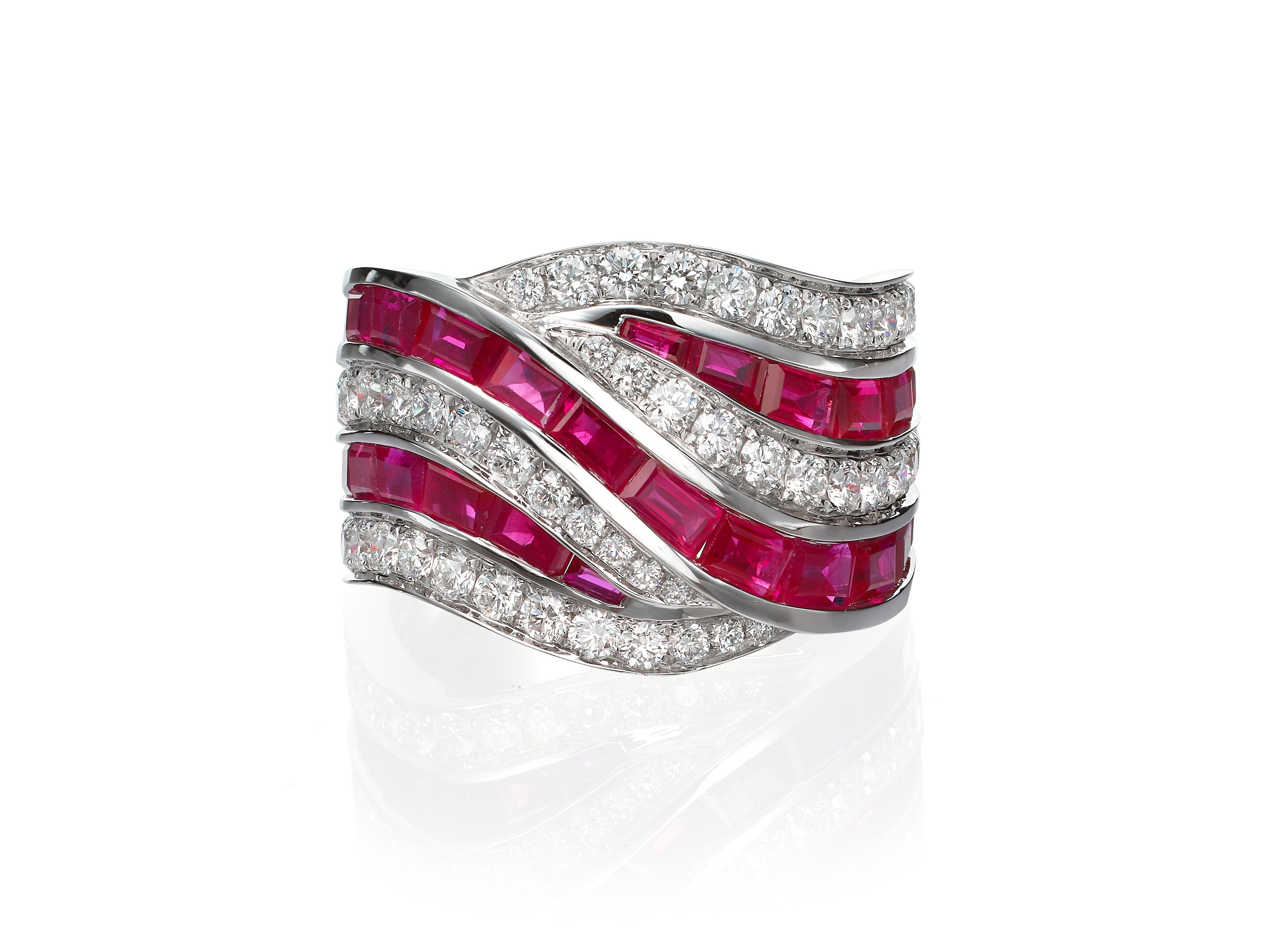 Contemporary 5.63 Carat Ruby Diamond Band 18 Karat White Gold Cocktail Ring For Sale