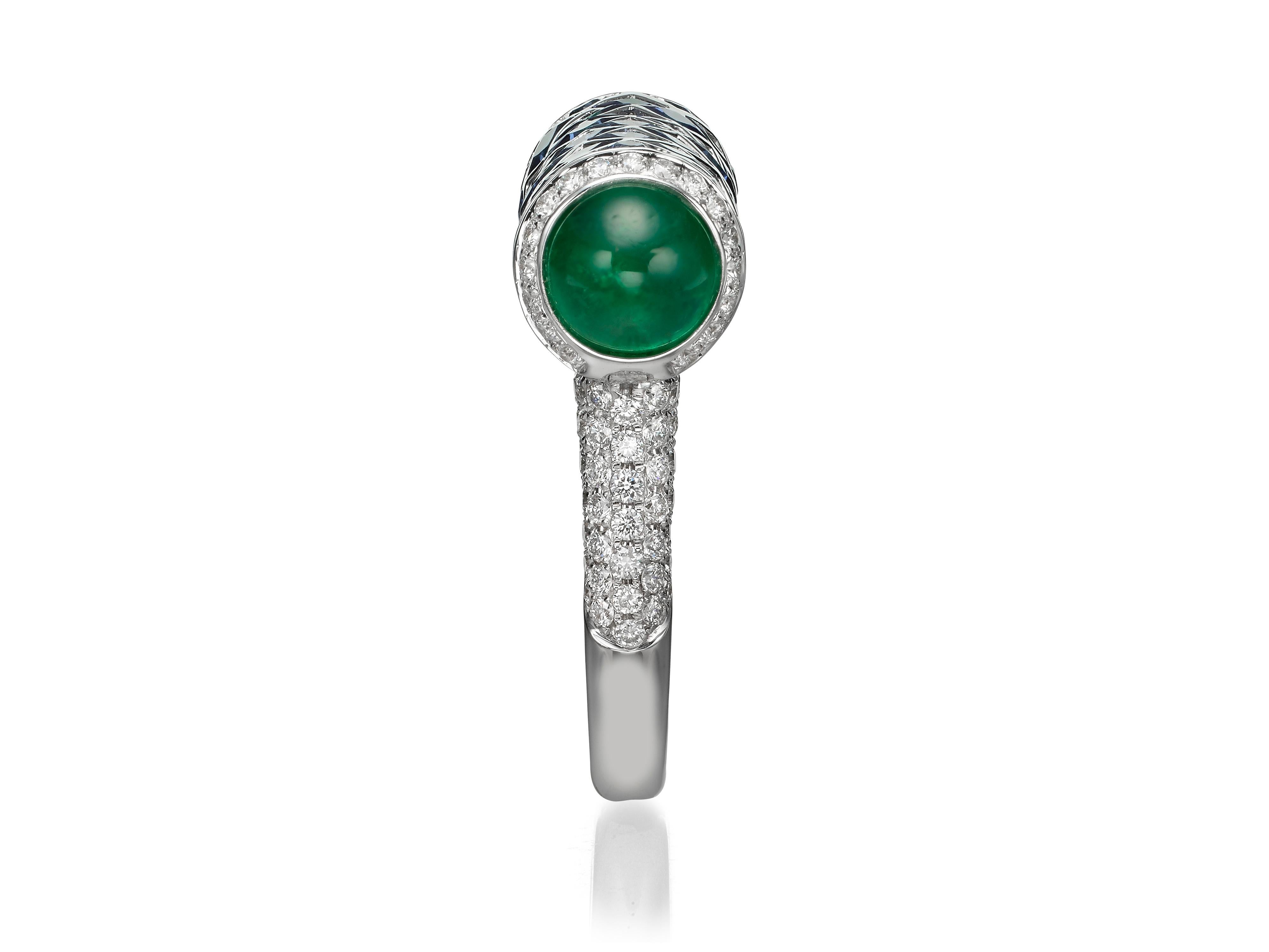 Contemporary Emerald Cabochon Sapphire Diamond 18 Karat Gold Secret Compartment Ring