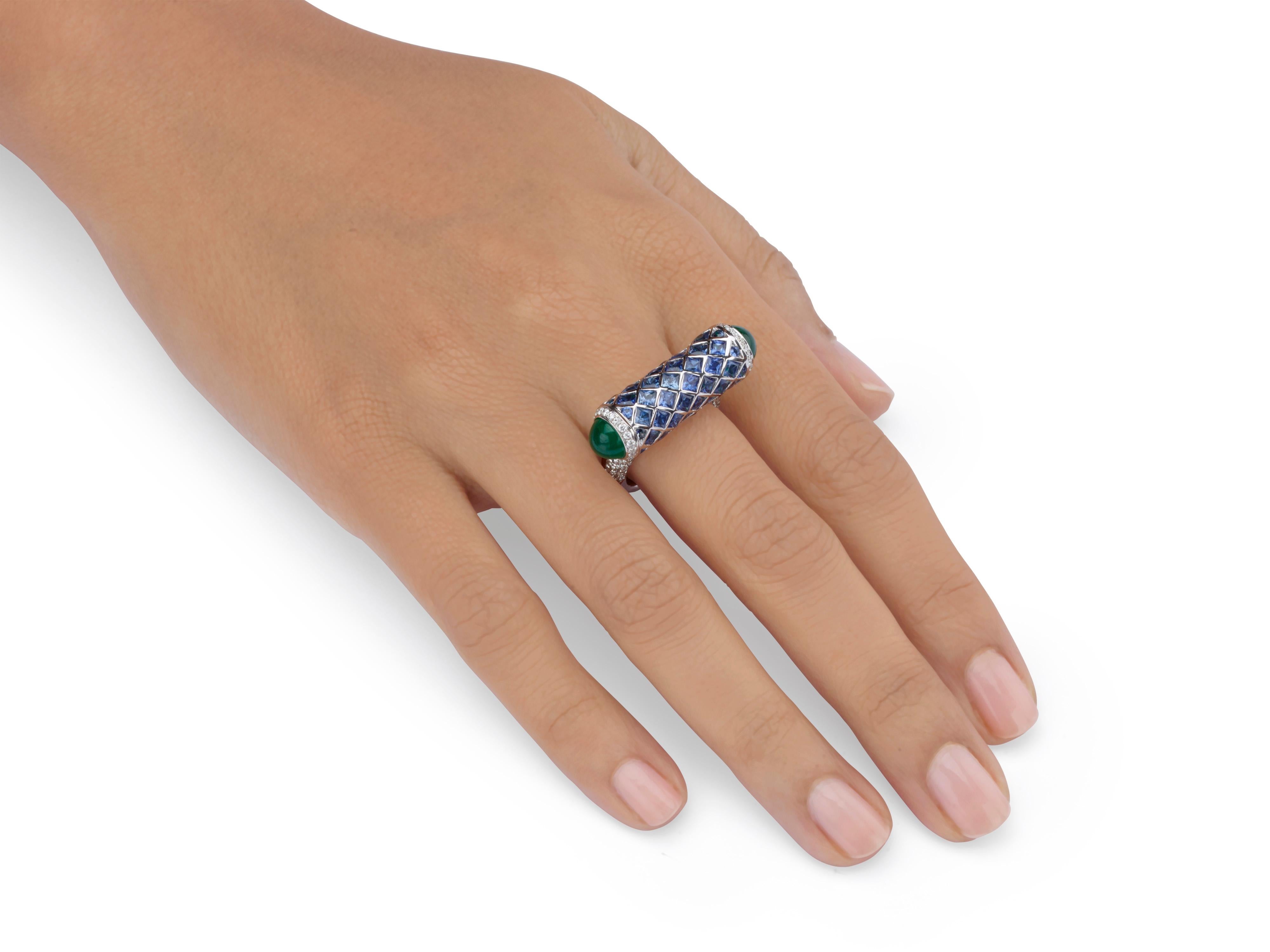 Princess Cut Emerald Cabochon Sapphire Diamond 18 Karat Gold Secret Compartment Ring