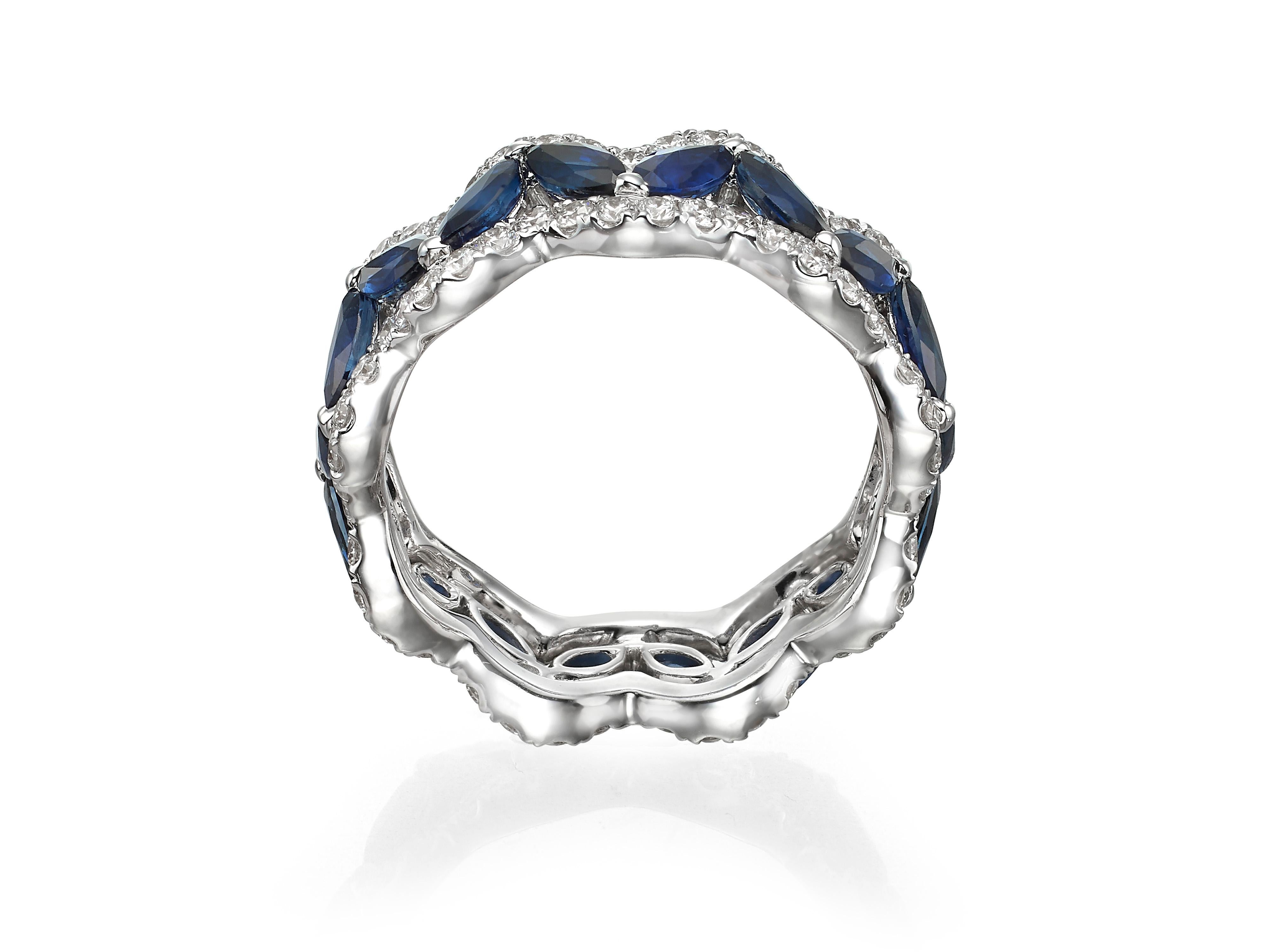 Handmade from 18K white gold, encrusted with 3.69 carats of marquise-shape blue sapphires and 1.17 carats of round brilliant cut diamonds.  Perfectly complements the Butani Round and Marquise-shape Sapphire Diamond 18K White Gold Bracelet Bangle. 
