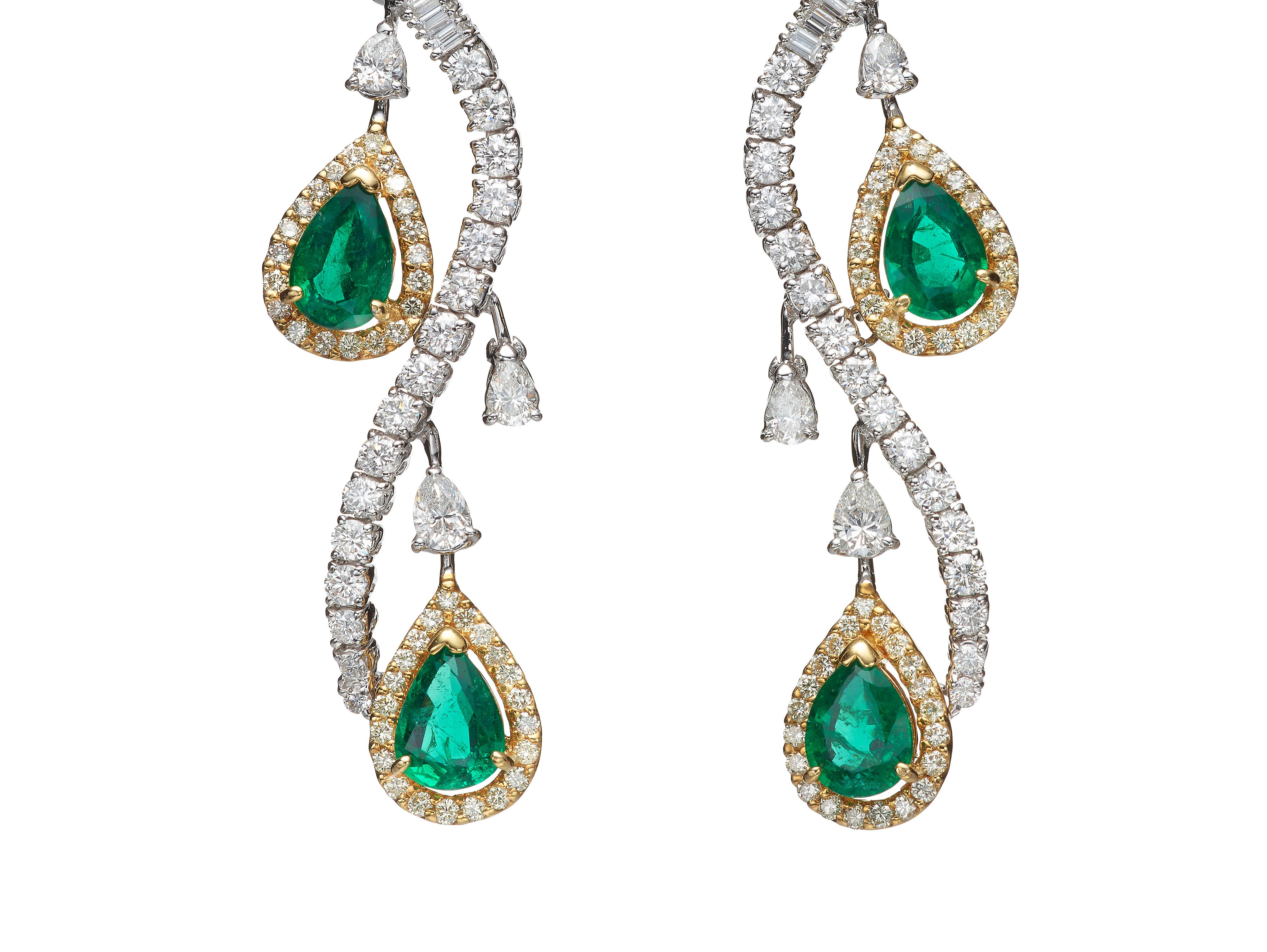 Pear Cut Pear Emerald Diamond 18 Karat Yellow and White Gold Chandelier Earrings