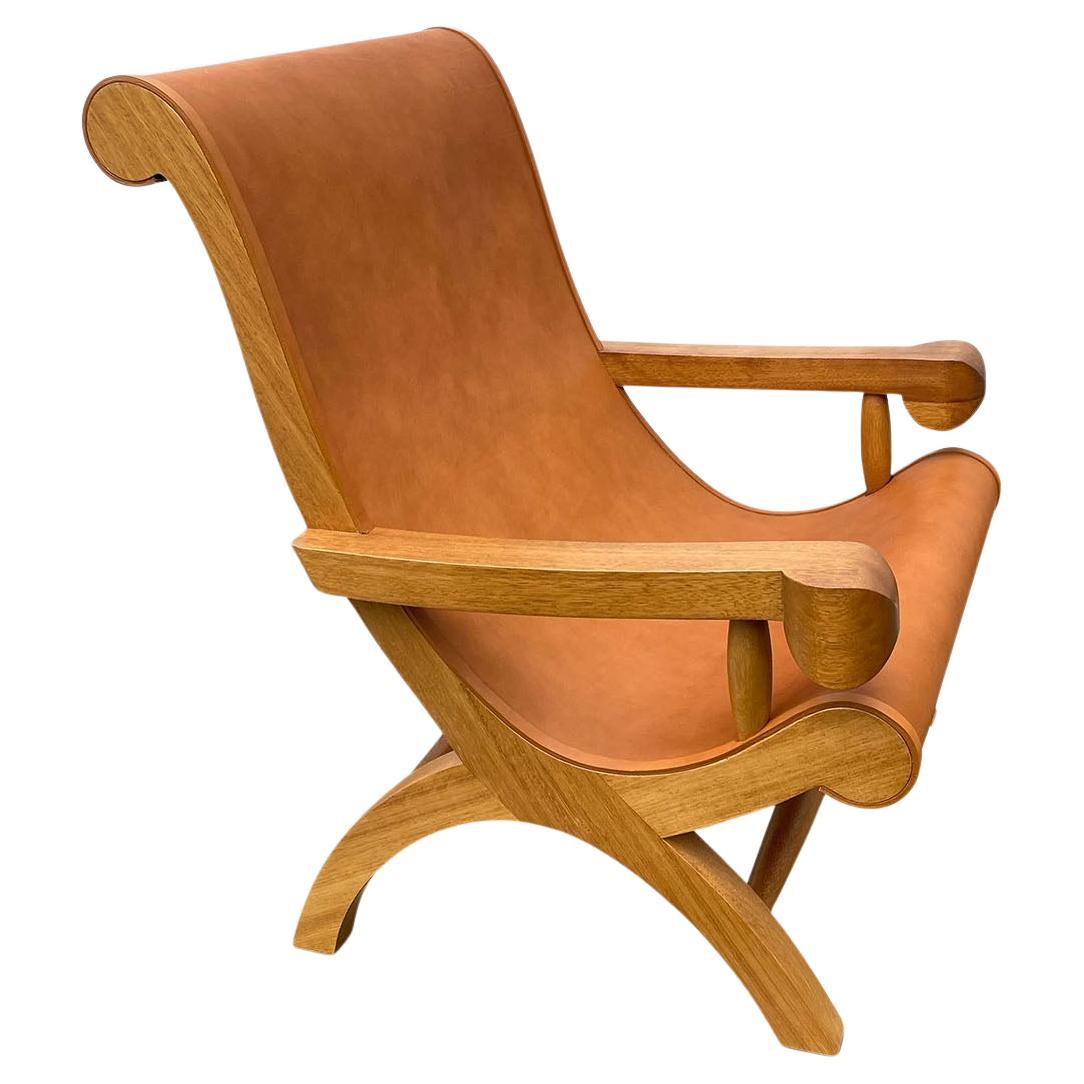 Butaque Armchair, Licensed Reedition, Tropical Hardwood 
Tan Leather, IN STOCK For Sale